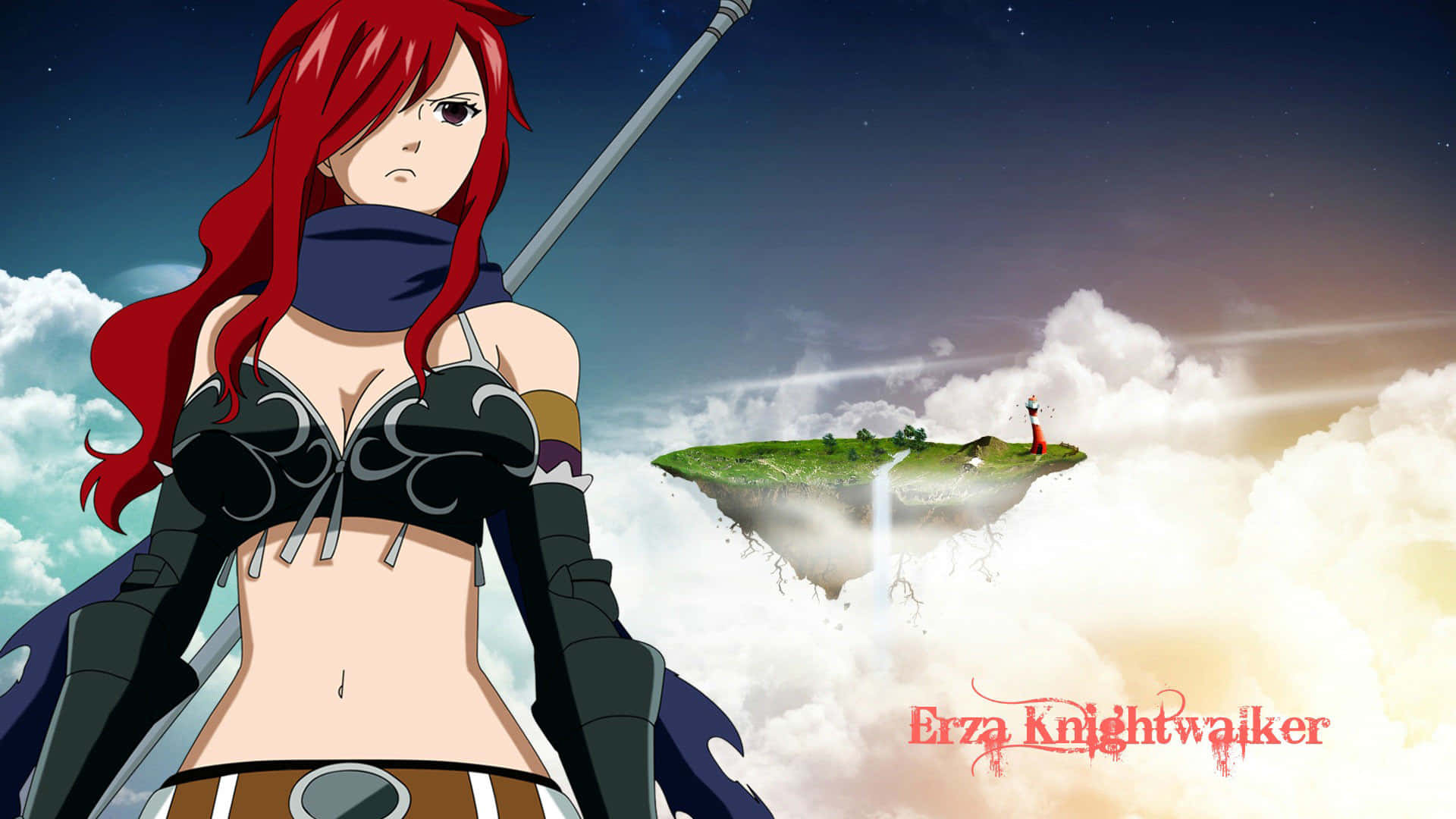 erza scarlet 桌布 壁紙 — 紅髮動漫戰士站在雲端，手持劍，遠處有浮島和燈塔，星空下。