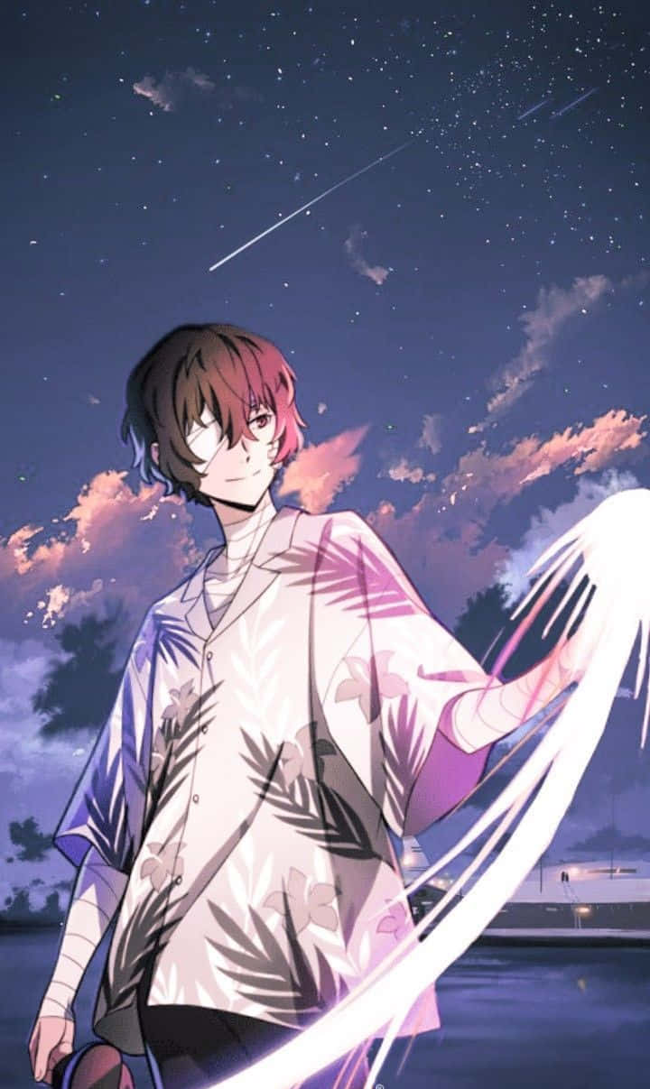 文豪野犬 桌布 壁紙 — 紅髮動漫男孩站在繁星點點的暮色天空下，一顆流星劃過頭頂。