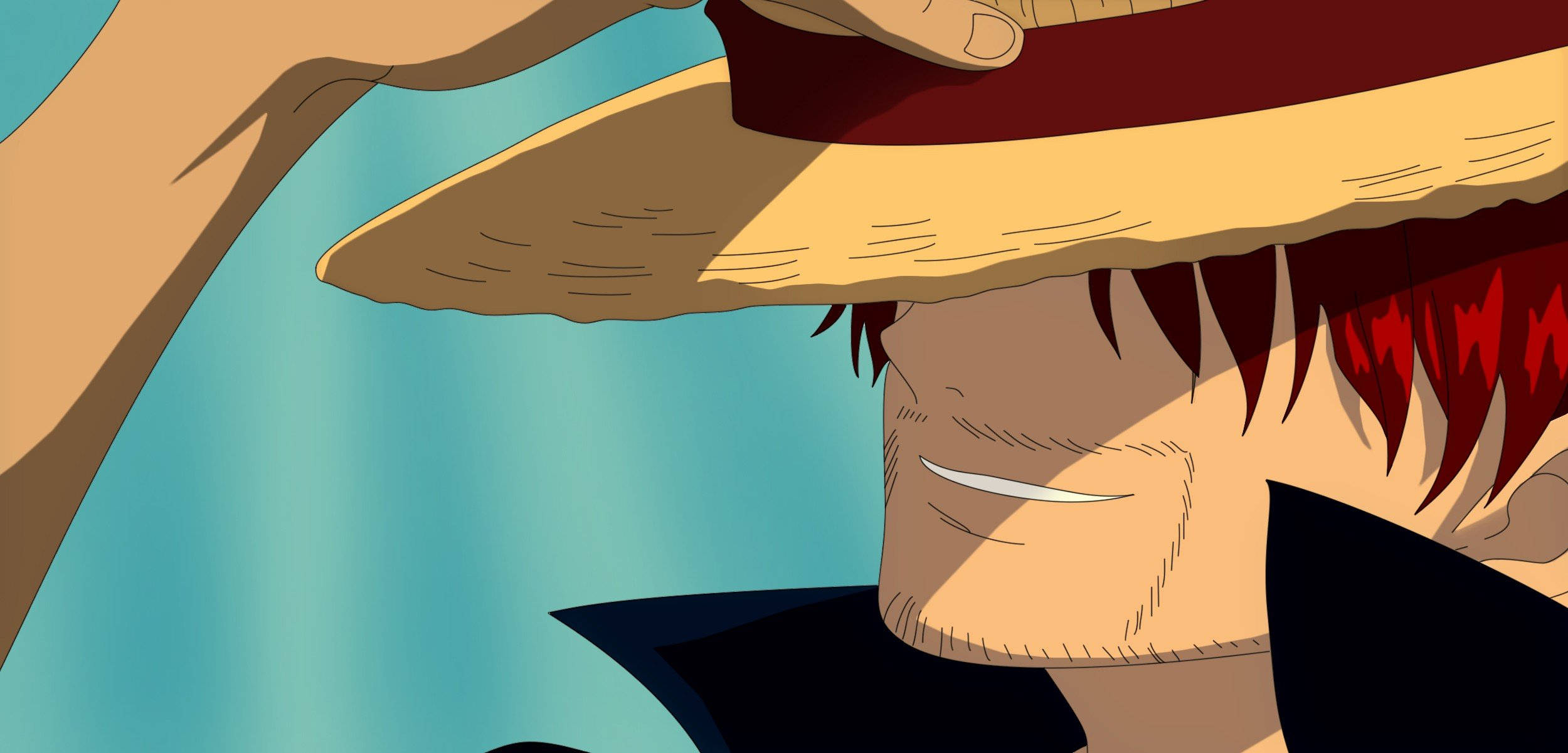 Shanks 桌布 壁紙 — 紅髮動漫角色戴著草帽，在藍色漸變背景前自信微笑的特寫。