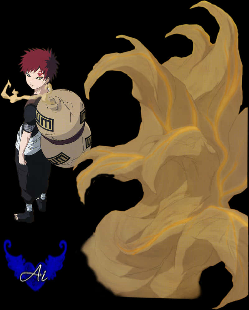 Gaara Naruto Anime 桌布 壁紙 — 紅髮動漫角色手持一個大型棕色卷軸，站在黑色背景前，旁邊有旋轉的金色查克拉尾巴。