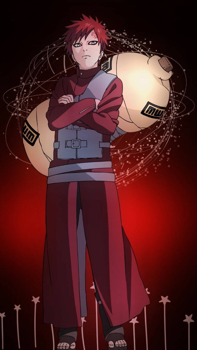 Gaara iPhone 桌布 壁紙 — 紅髮動漫角色手持發光球體，自信地站在深紅色背景前，背景有旋轉的能量線條。