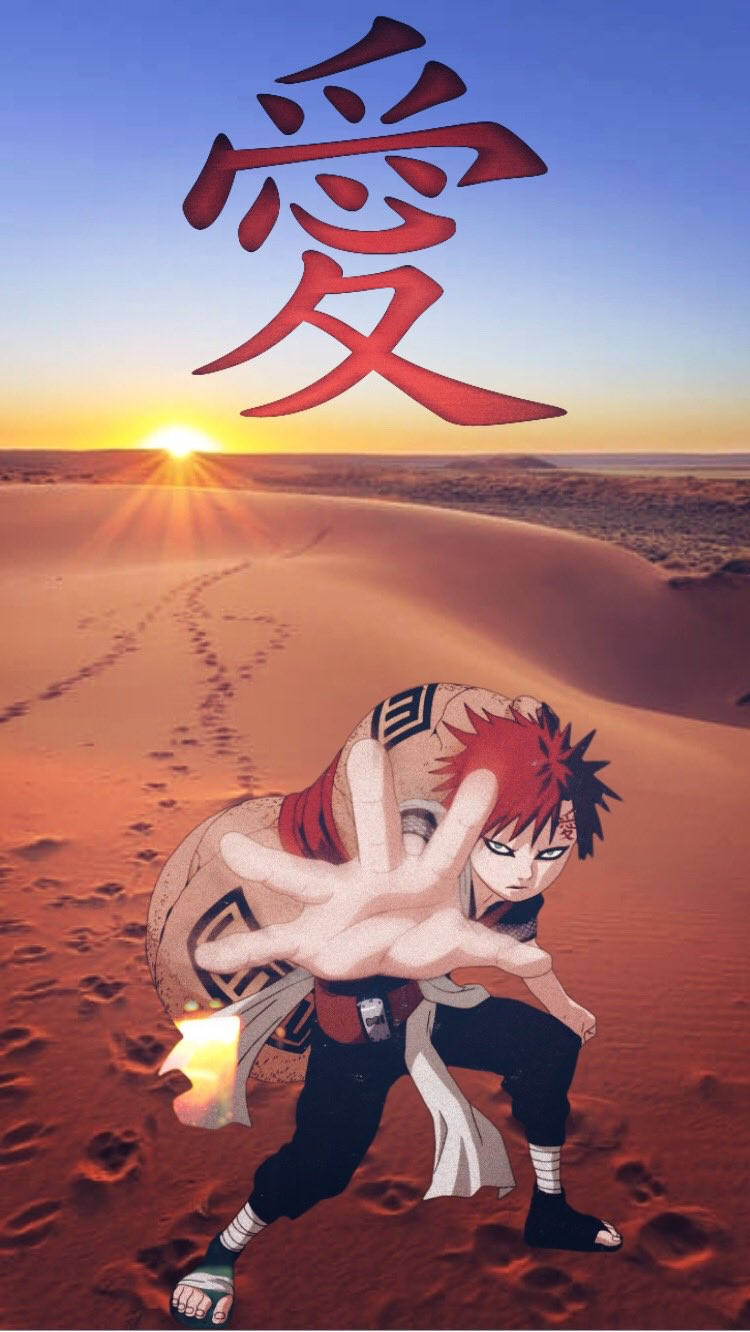 Gaara iPhone 桌布 壁紙 — 紅髮動漫角色站在夕陽下的沙漠中，結手印，上方有大型紅色漢字。