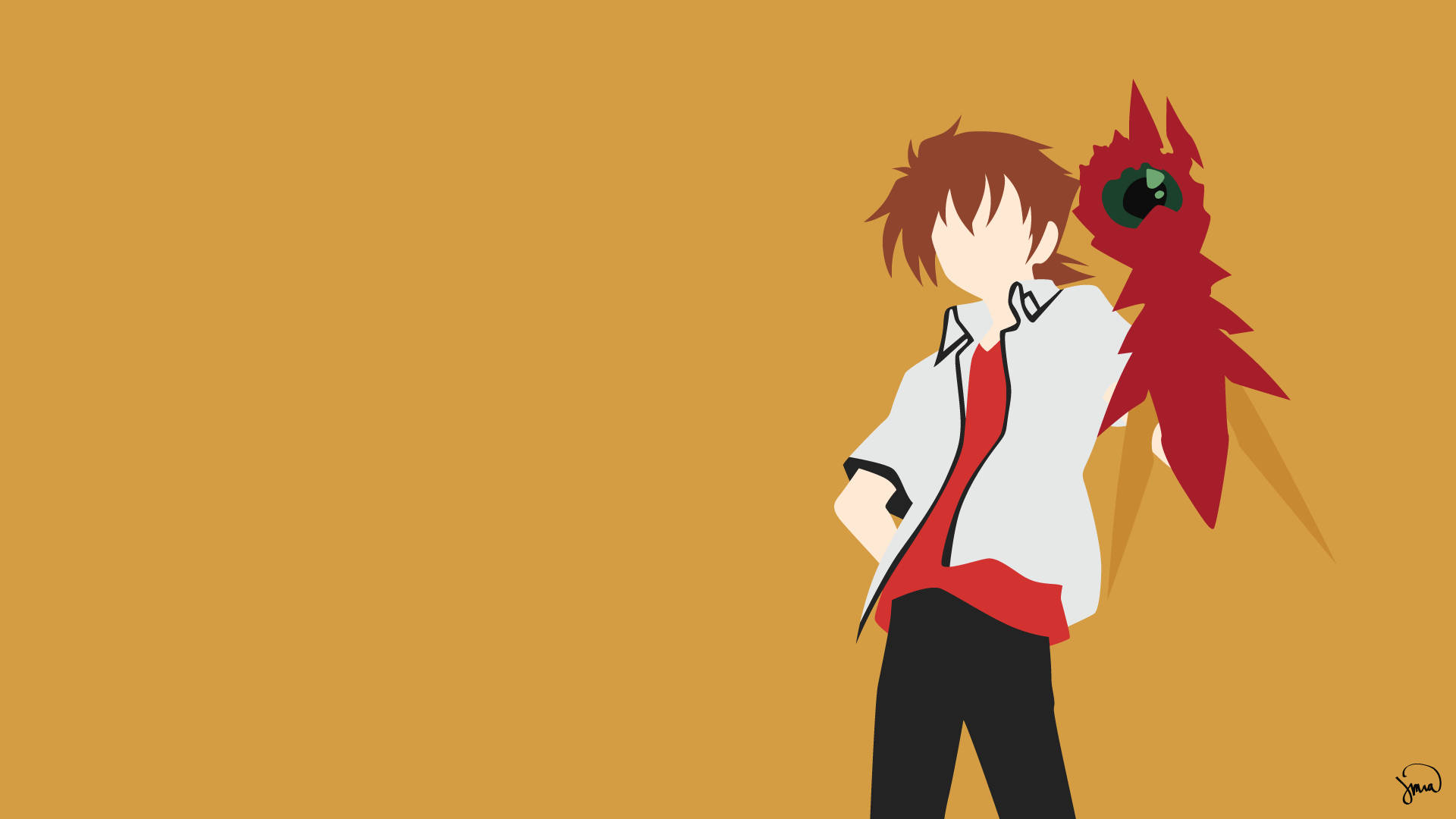 High School Dxd 桌布 壁紙 — 紅髮動漫角色與紅色有翼生物站在純橙色背景前。