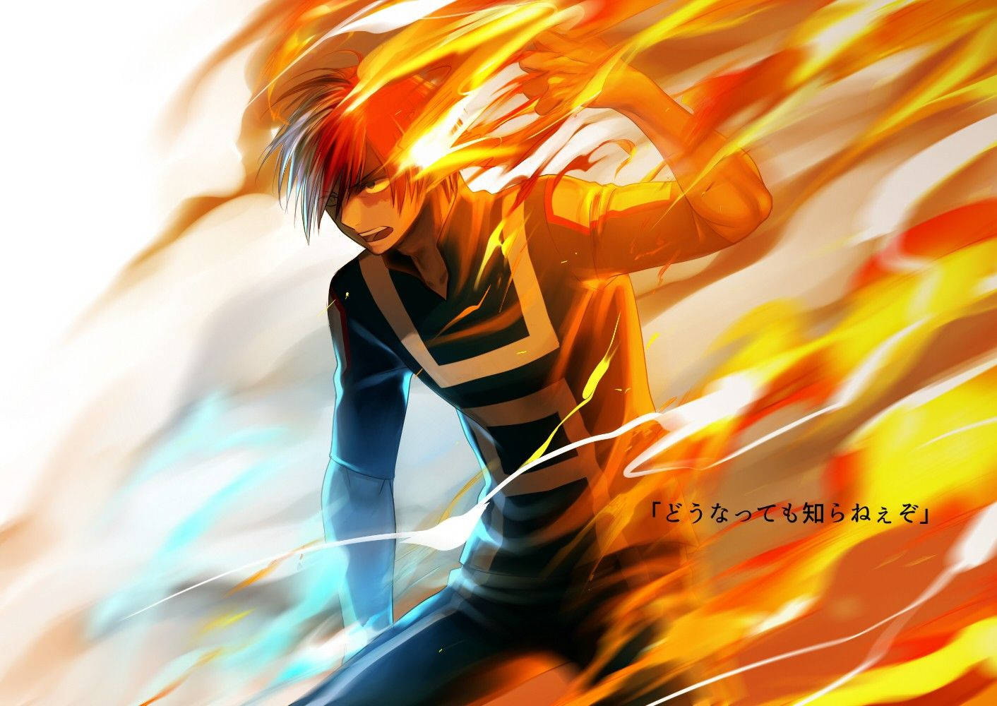 Bnha 桌布 壁紙 — 紅髮動漫角色被動態的橙色和藍色能量條紋包圍，擺出強力姿勢。