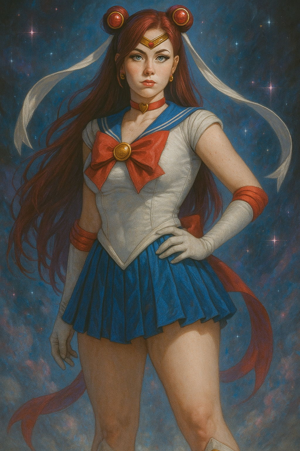 動漫 桌布 壁紙 — 紅髮動漫風格水手女孩，身穿藍紅制服，自信地站在繁星宇宙背景前。