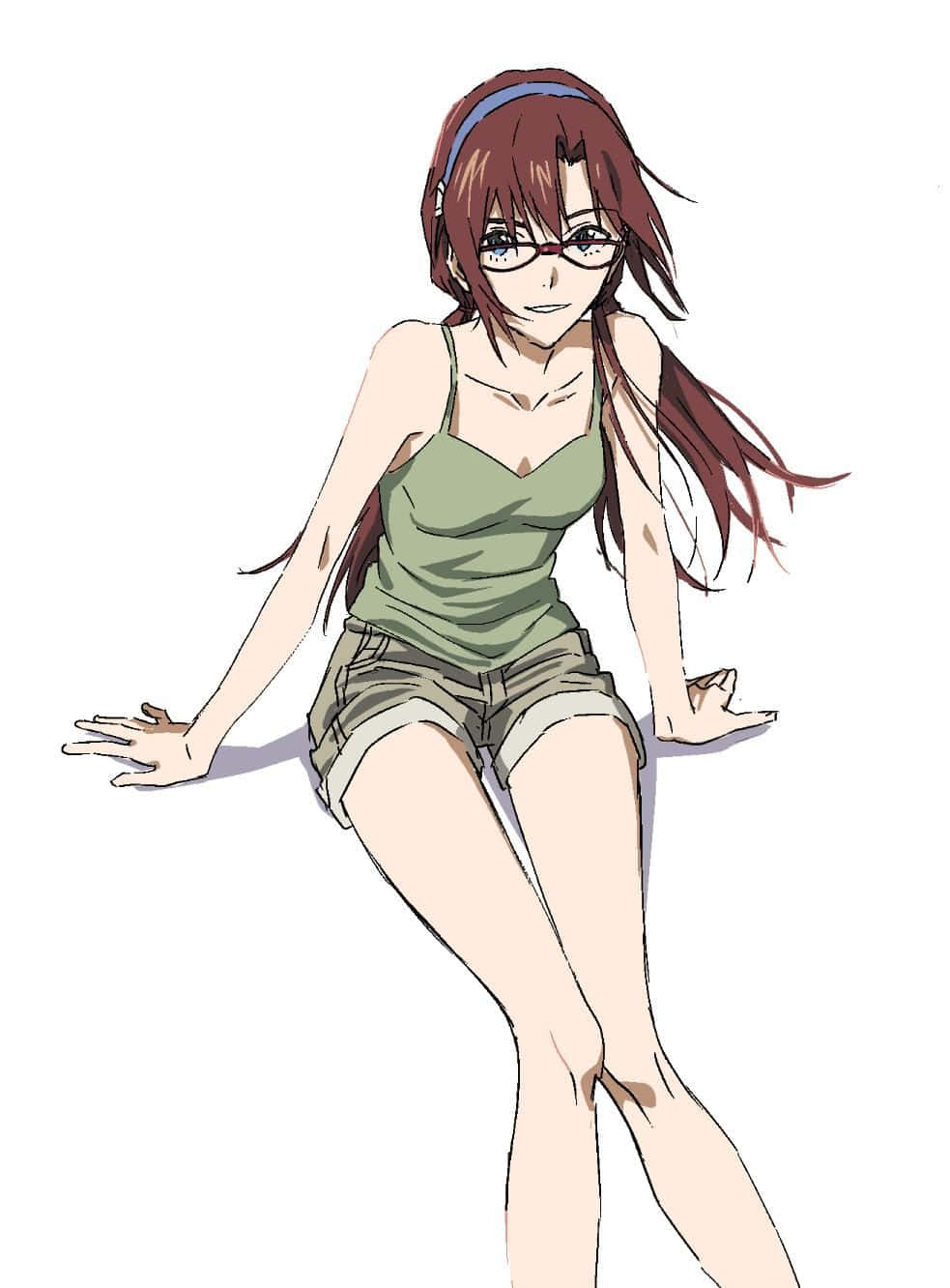 Mari Illustrious Makinami 桌布 壁紙 — 紅髮戴眼鏡的動漫女孩，穿著綠色背心和短褲，隨意地坐在純白色背景前。