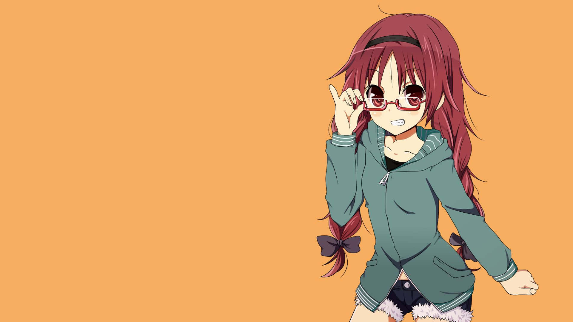 Anime Minimalist 桌布 壁紙 — 紅髮戴眼鏡的動漫女孩在純橙色背景上頑皮地調整眼鏡。