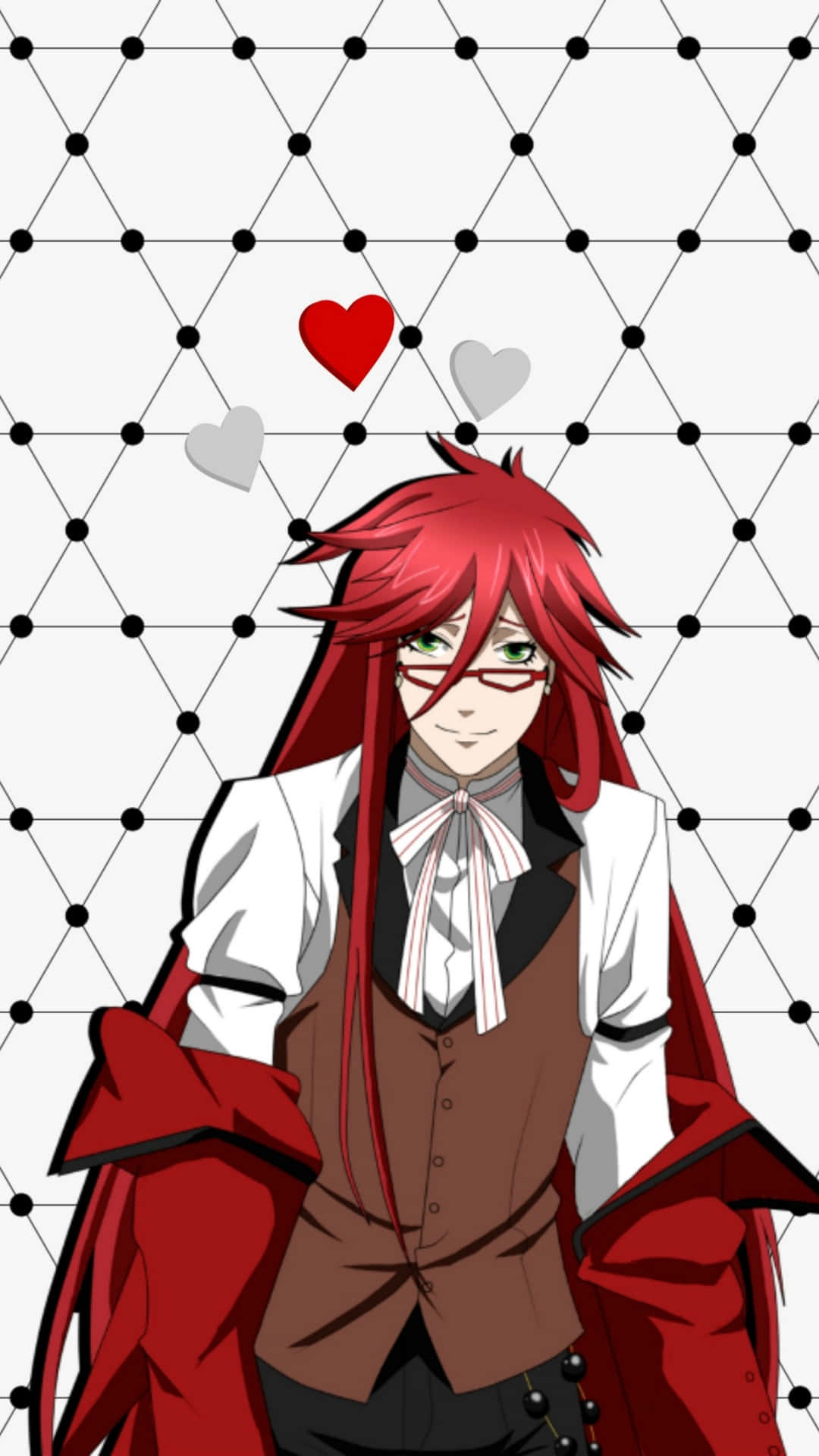 Grell Sutcliff 桌布 壁紙 — 紅髮戴眼鏡的動漫角色在幾何網格背景上微笑，周圍漂浮著愛心。