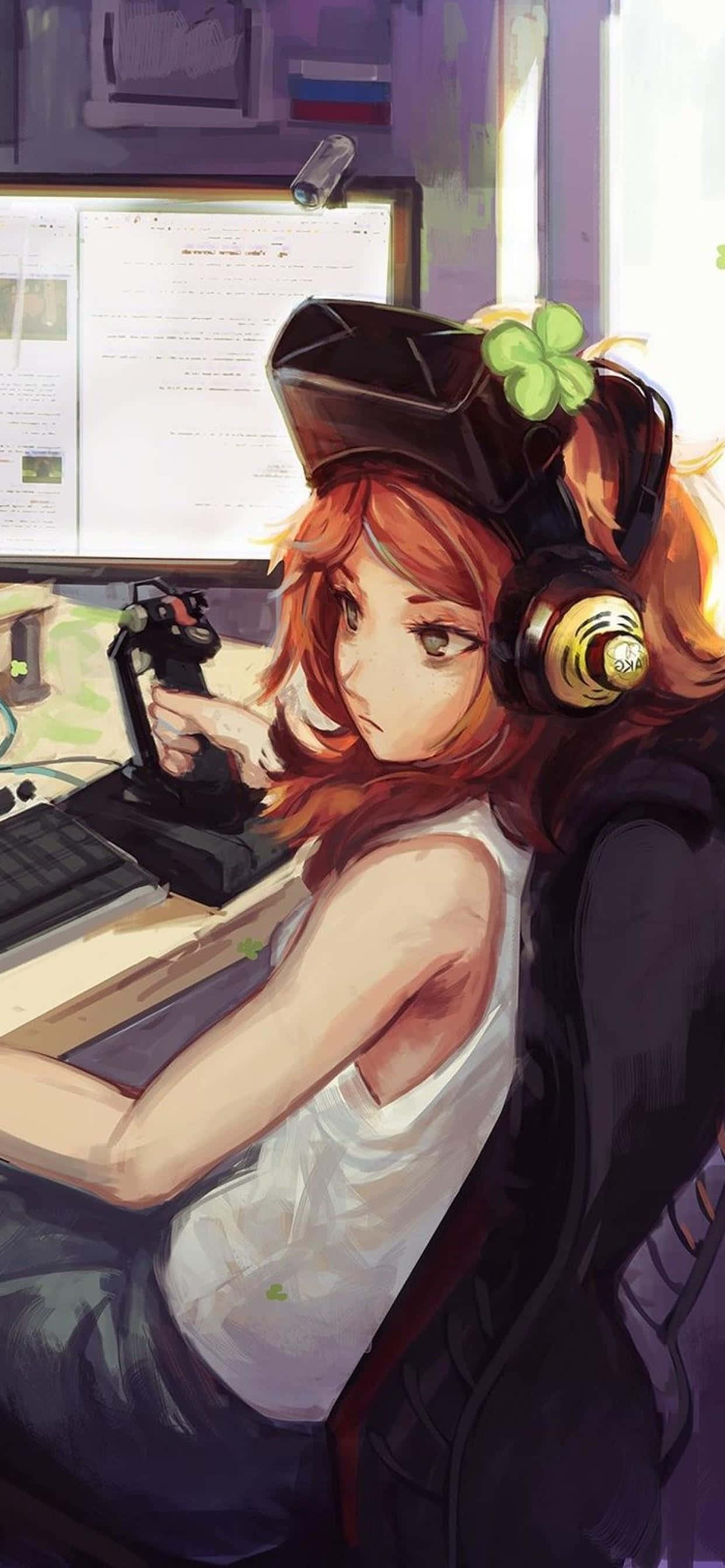 Kawaii Gaming Girl 桌布 壁紙 — 紅髮戴耳機的動漫女孩在配有顯示器和搖桿的桌上激烈地玩電子遊戲。