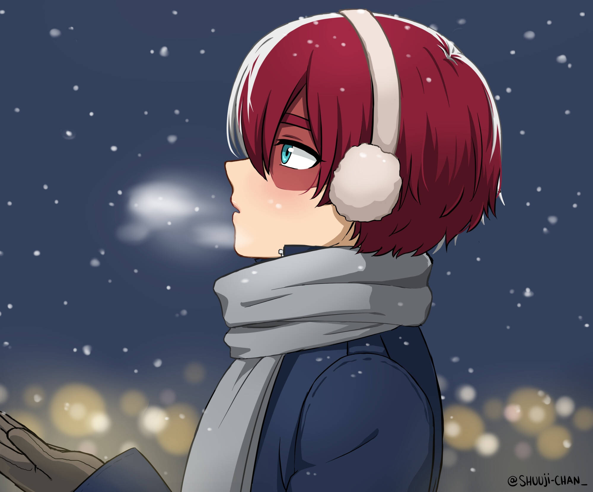 Todoroki Aesthetic 桌布 壁紙 — 紅髮戴耳罩的動漫角色仰望星空，雪花飄落，背景是溫暖的散景燈光。
