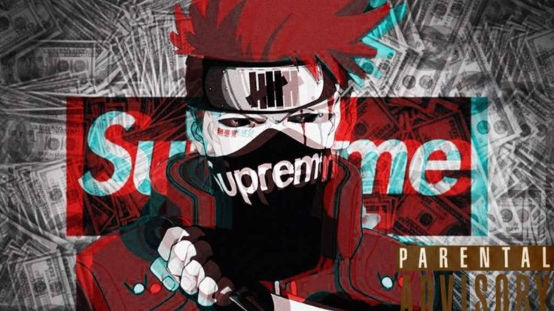 戴面具的動漫角色，被美元鈔票和Supreme標誌包圍，手持槍支。 — Supreme GIF 壁紙