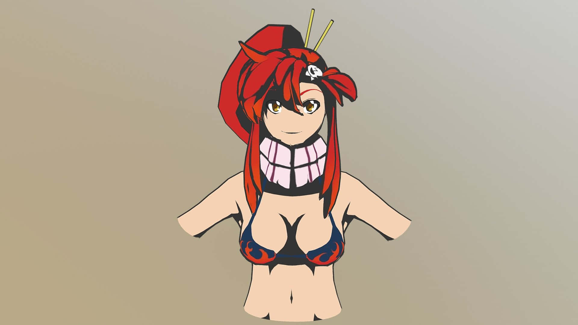 yoko littner 桌布 壁紙 — 紅髮戴骷髏飾品的動漫女孩，在純米色背景前穿著暴露的比基尼。