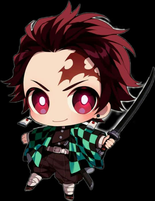 Anime Chibi 桌布 壁紙 — 紅髮紅眼的Q版動漫角色在黑色背景下揮舞劍。