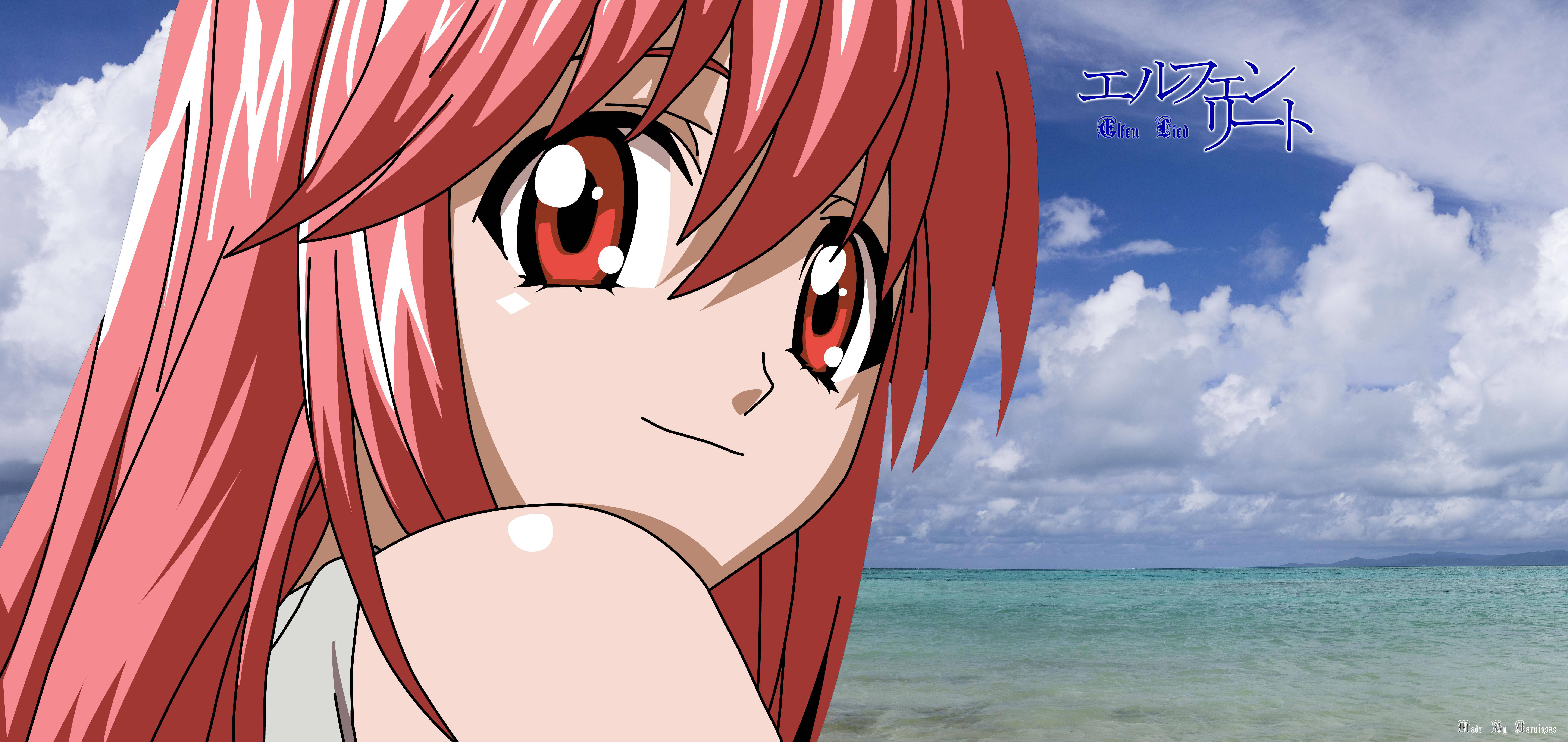 Elfen Lied 桌布 壁紙 — 紅髮紅眼的動漫女孩在明亮的藍天和碧綠海洋背景下溫柔微笑。