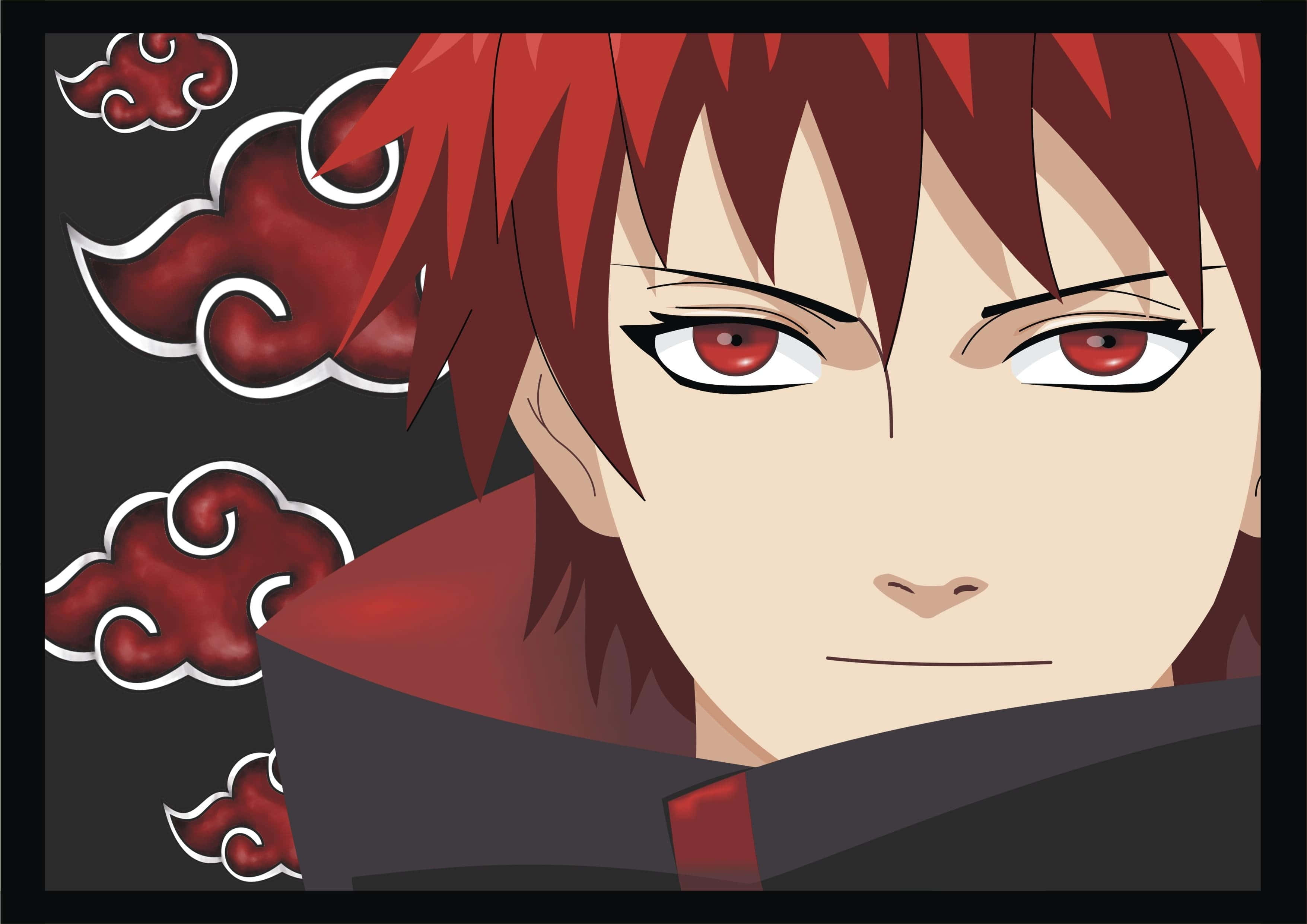 Akatsuki Ninja 桌布 壁紙 — 紅髮紅眼的動漫角色在帶有紅色雲朵符號的黑色背景上強烈凝視。