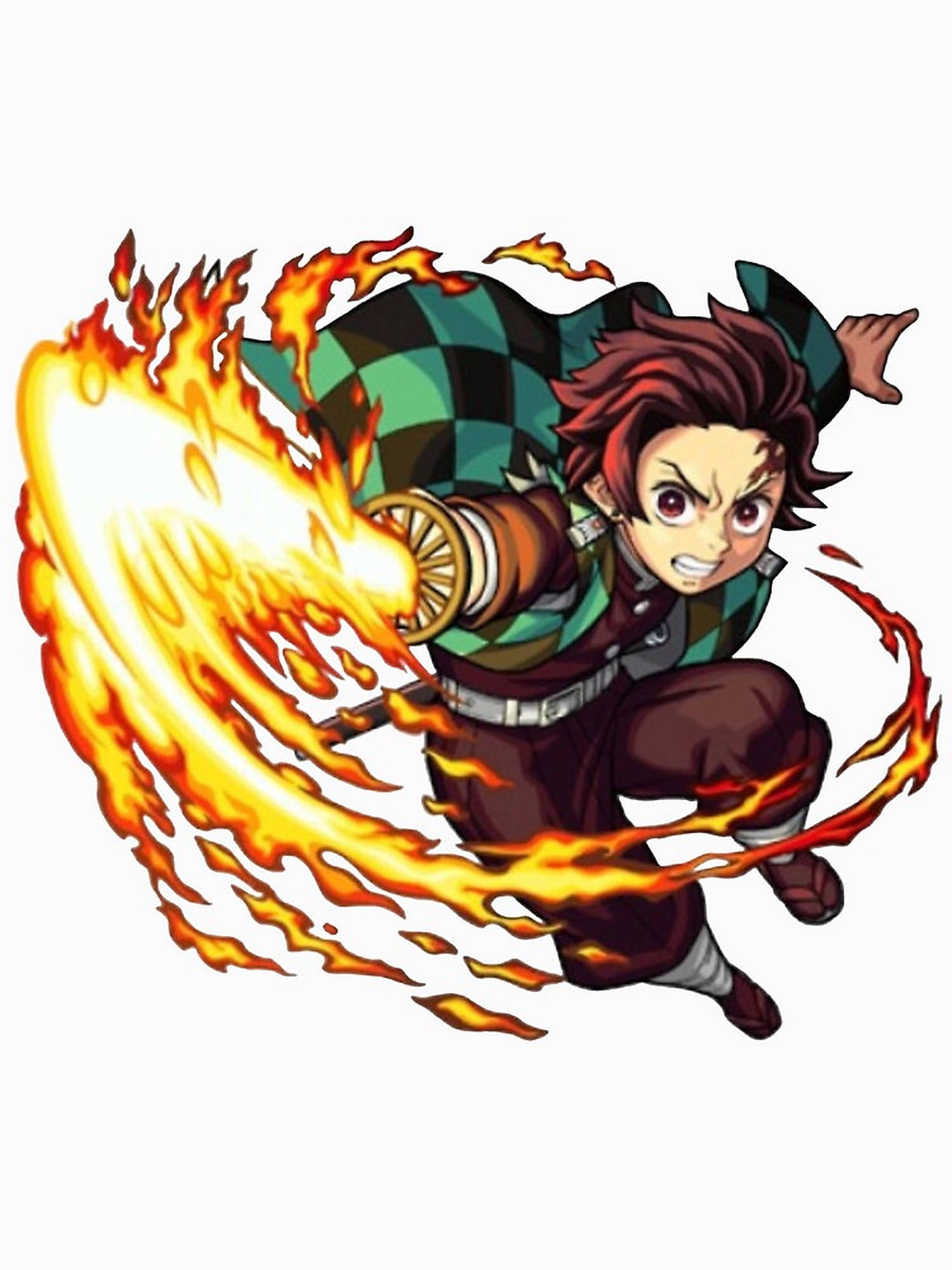 Kagura 桌布 壁紙 — 紅髮綠格和服動漫角色以火焰劍在空中揮砍，動態動作姿勢。