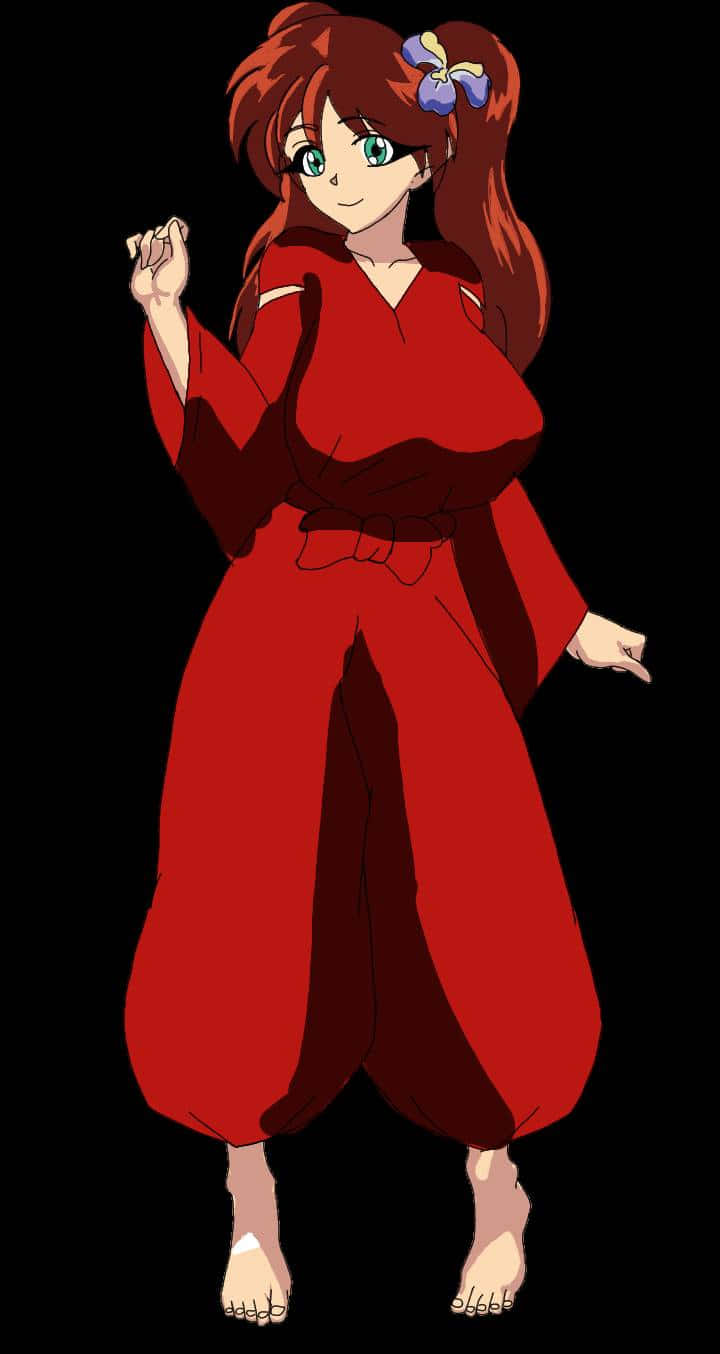 Inuyasha Ayame 桌布 壁紙 — 紅髮綠眼的動漫女孩，在黑色背景下穿著飄逸的紅色和服。