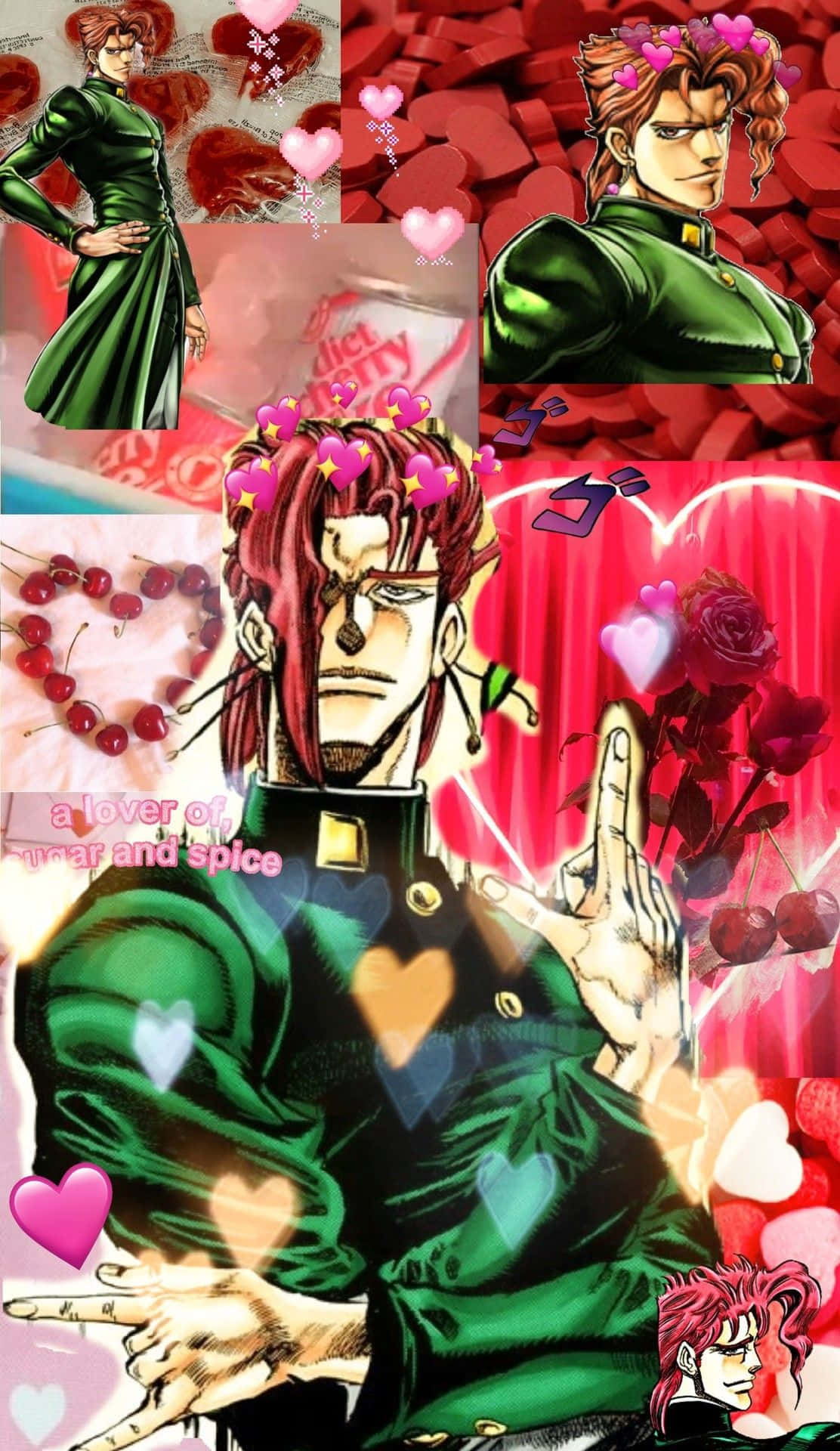 Noriaki Kakyoin 桌布 壁紙 — 紅髮綠衣的動漫角色，被心形、櫻桃和玫瑰環繞的浪漫拼貼畫。