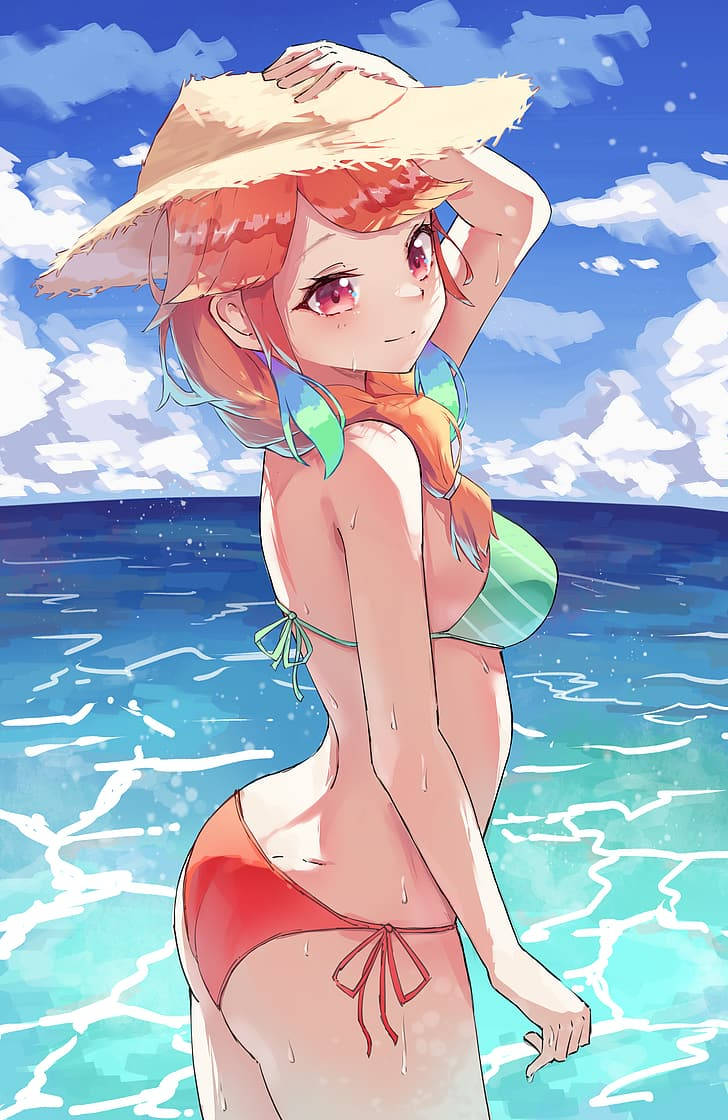anime sexy 桌布 壁紙 — 紅髮草帽動漫少女站在海浪中，天空湛藍，白雲朵朵。