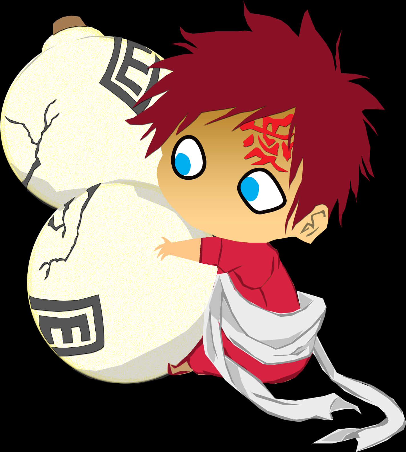 Gaara Naruto Anime 桌布 壁紙 — 紅髮藍眼的Q版動漫角色在黑色背景前擁抱兩個帶有黑色符號的破裂白色球體。