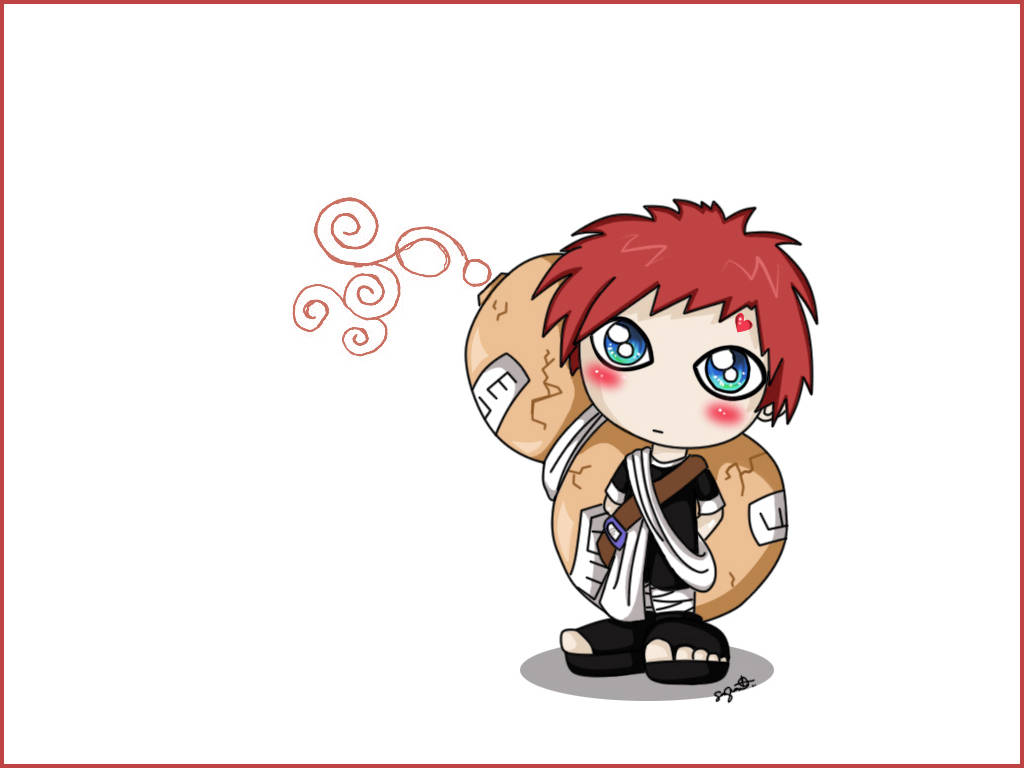 Gaara 桌布 壁紙 — 紅髮藍眼的Q版動漫角色拿著一個帶有漩渦漂浮在上方的大圓形物體。