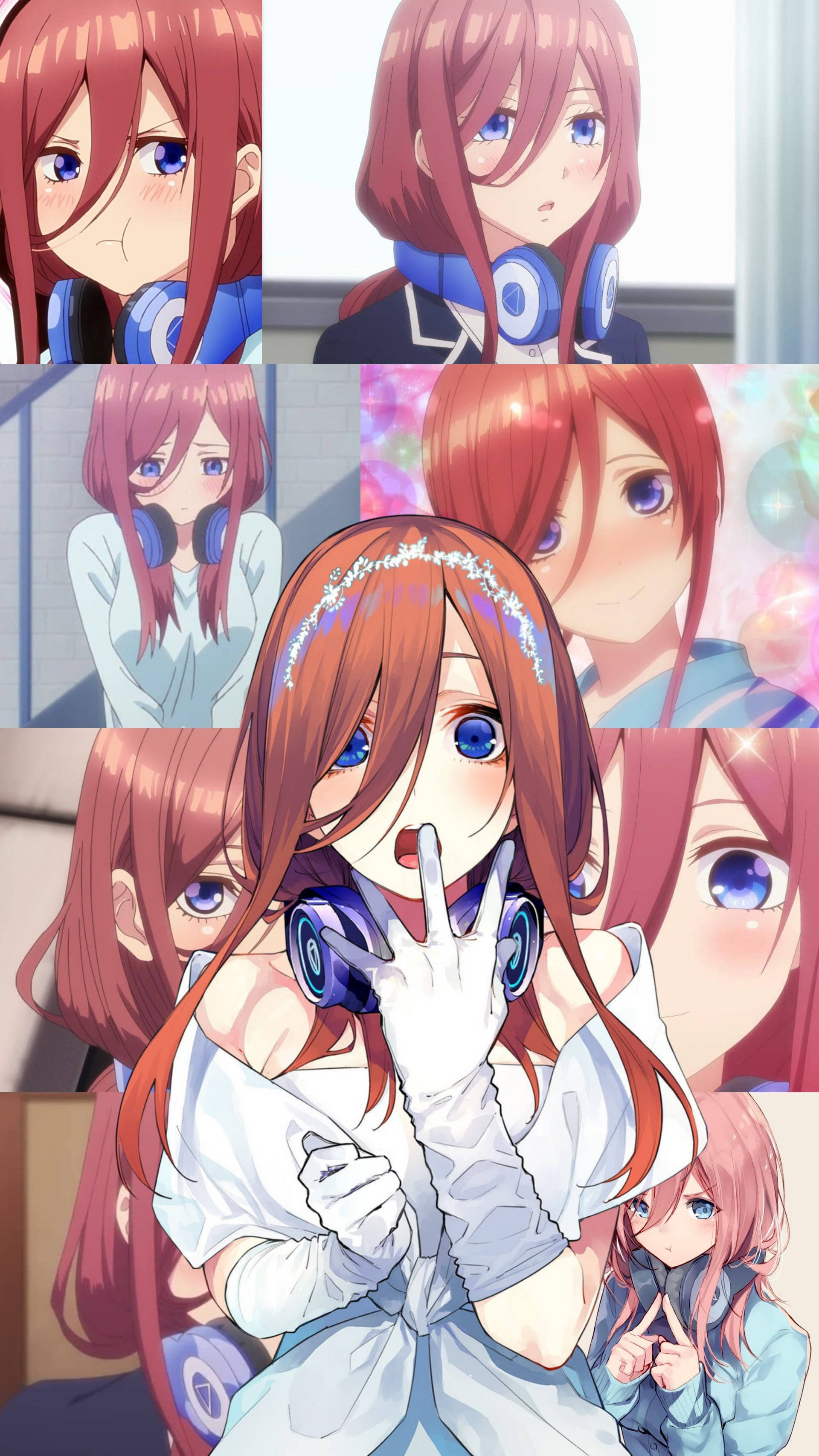miku 桌布 壁紙 — 紅髮藍眼的動漫女孩，戴著耳機和白色手套，擺出多種富有表情的姿勢。