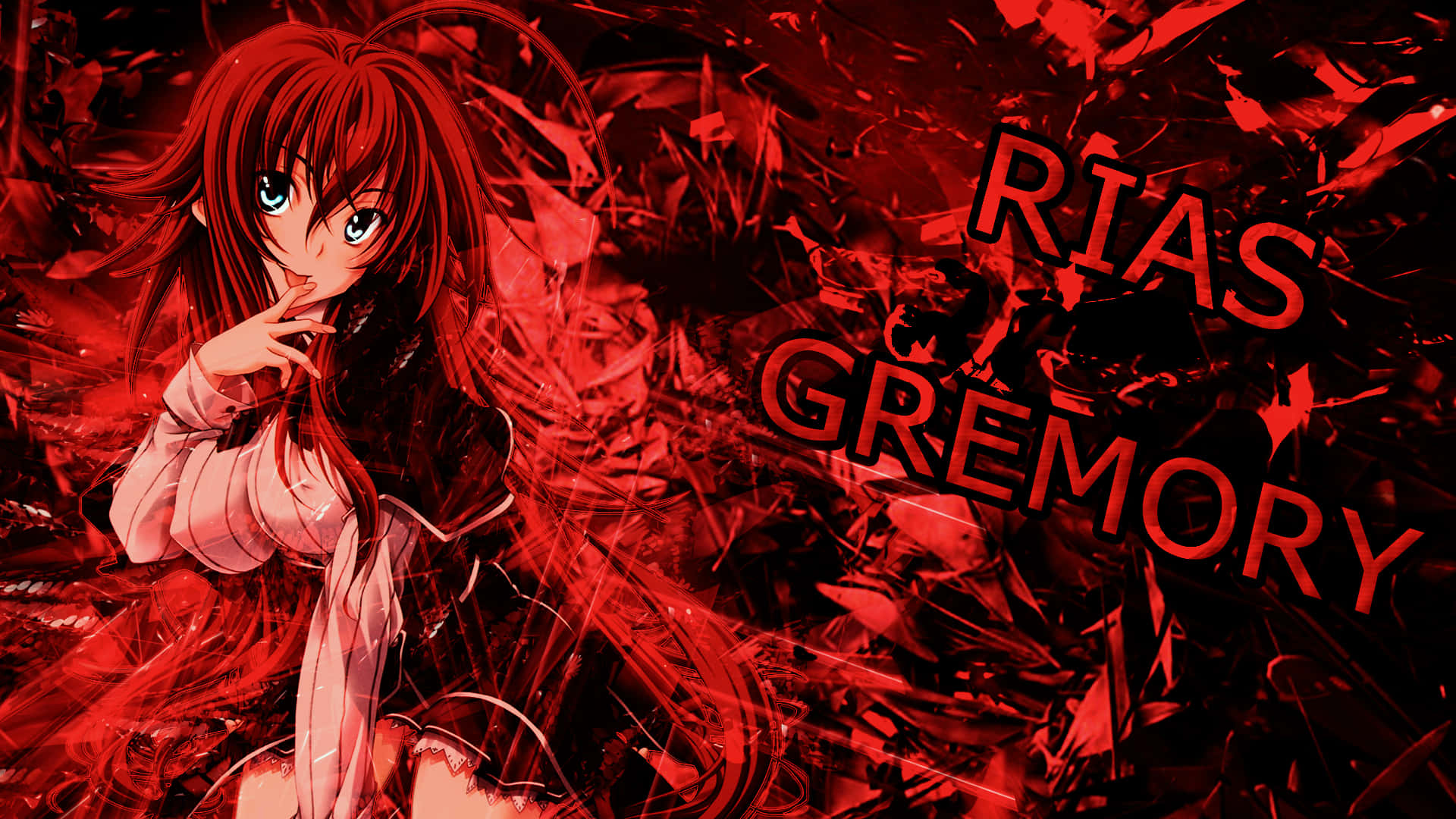 Rias Gremory 桌布 壁紙 — 紅髮藍眼的動漫女孩在破碎的紅色玻璃中擺姿勢，她的名字以粗體紅色文字顯示。