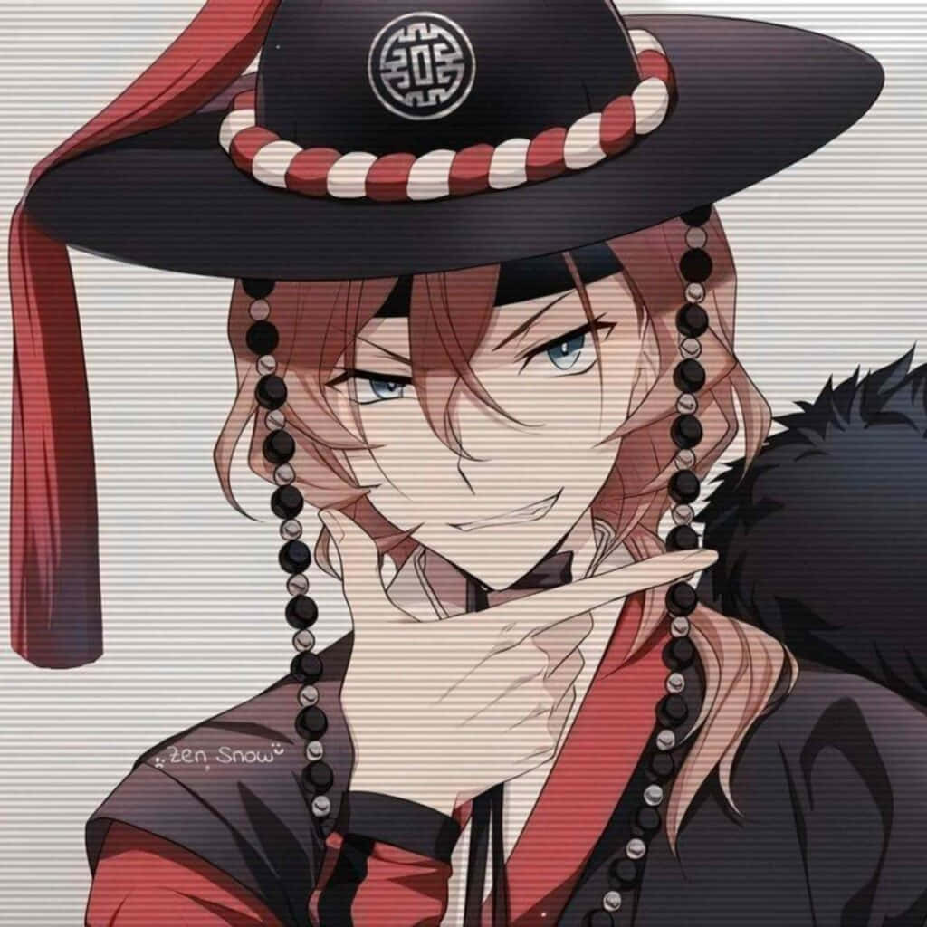 動漫男孩 桌布 壁紙 — 紅髮藍眼的動漫角色戴著傳統韓國帽子，頑皮地指向觀眾。