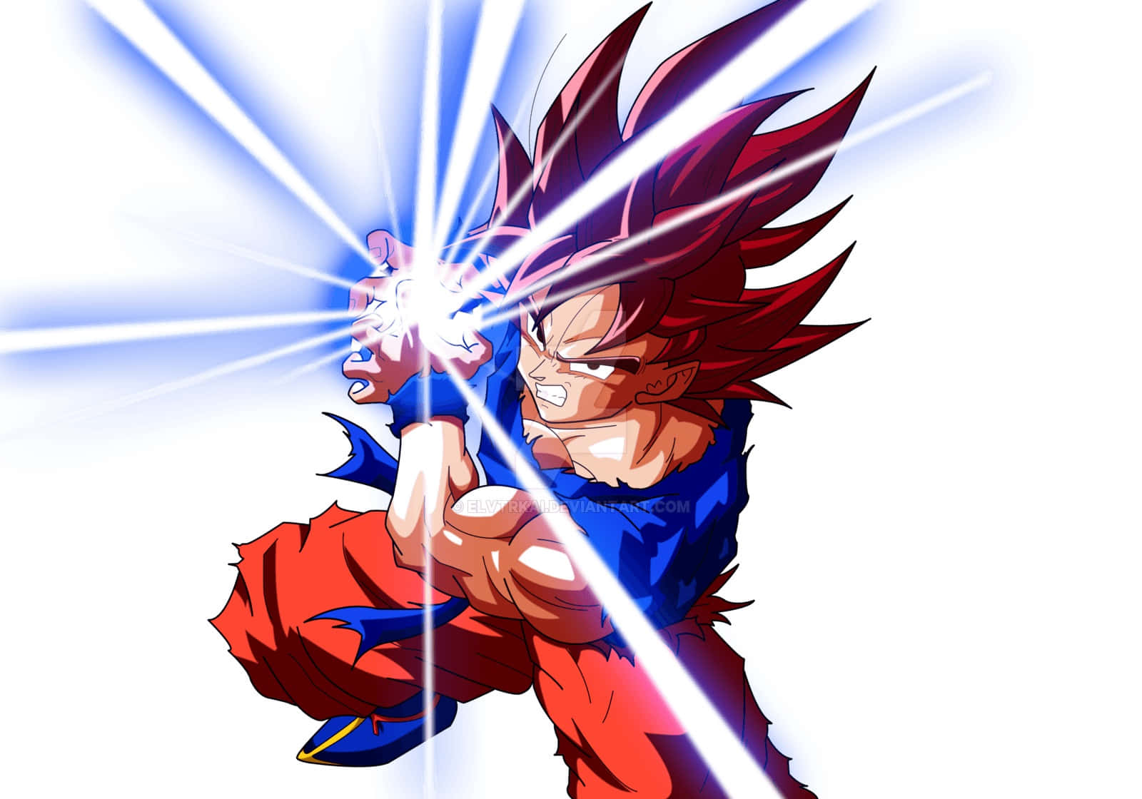 Goku Kaioken 桌布 壁紙 — 紅髮藍衣的動漫角色在白色背景前以動態姿勢引導發光能量。