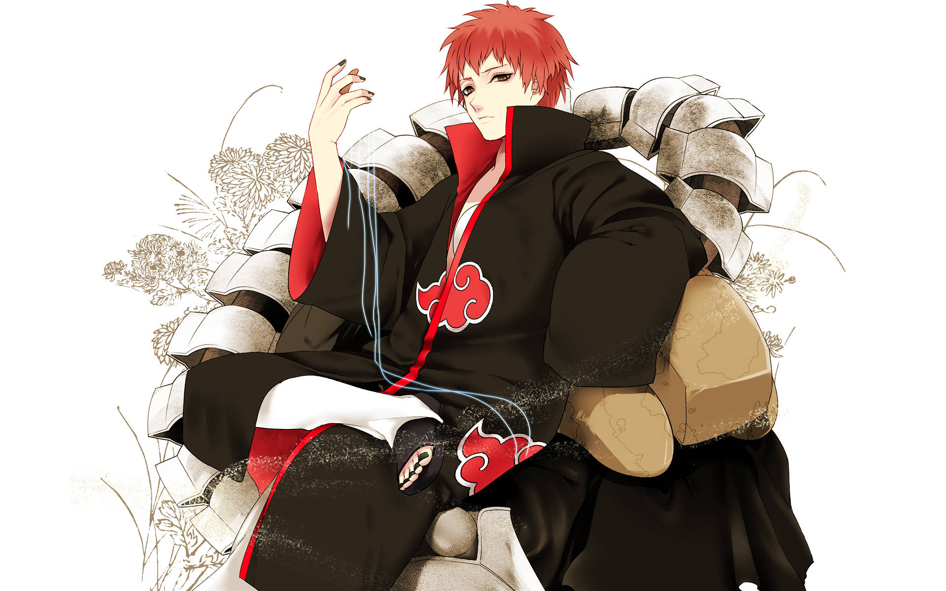 Sasori 桌布 壁紙 — 紅髮角色身穿飾有紅雲的黑色斗篷，自信地坐在被花卉素描環繞的石王座上。