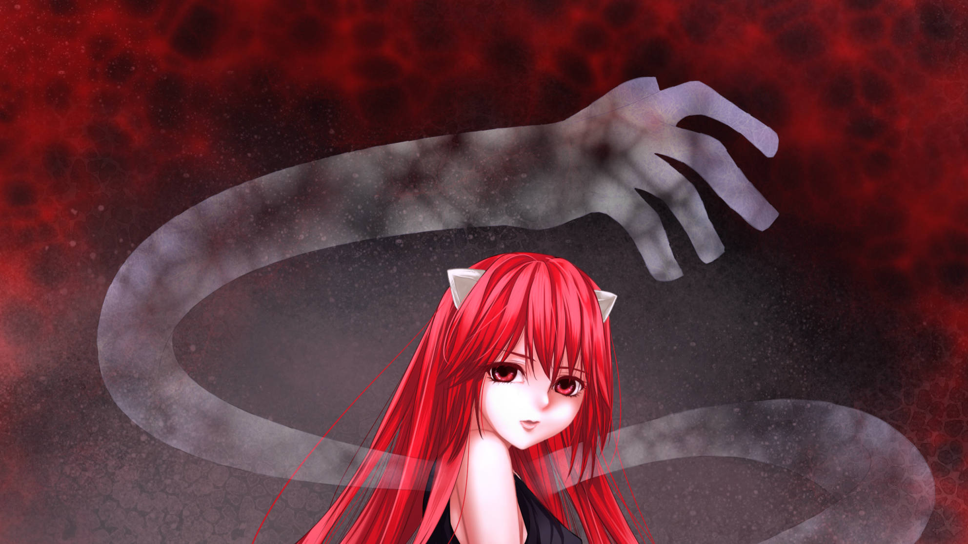 Elfen Lied 桌布 壁紙 — 紅髮貓耳動漫女孩凝視前方，一隻幽靈般的手從旋轉的煙霧中浮現，背景是帶紋理的紅色。