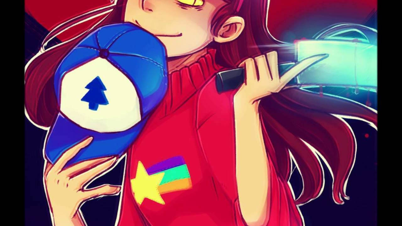 Mabel 桌布 壁紙 — 紅髮黃眼動漫女孩在深色背景下拿著帶有樹標誌的藍色帽子和彩虹星毛衣。