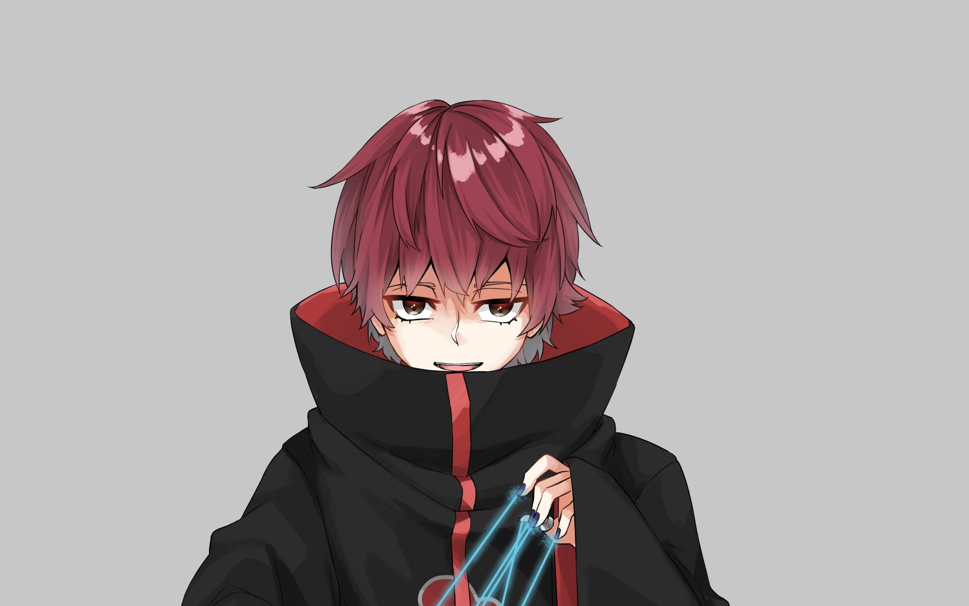 Sasori 桌布 壁紙 — 紅髮黑斗篷的動漫角色，在純灰色背景前握著發光的藍色查克拉線。