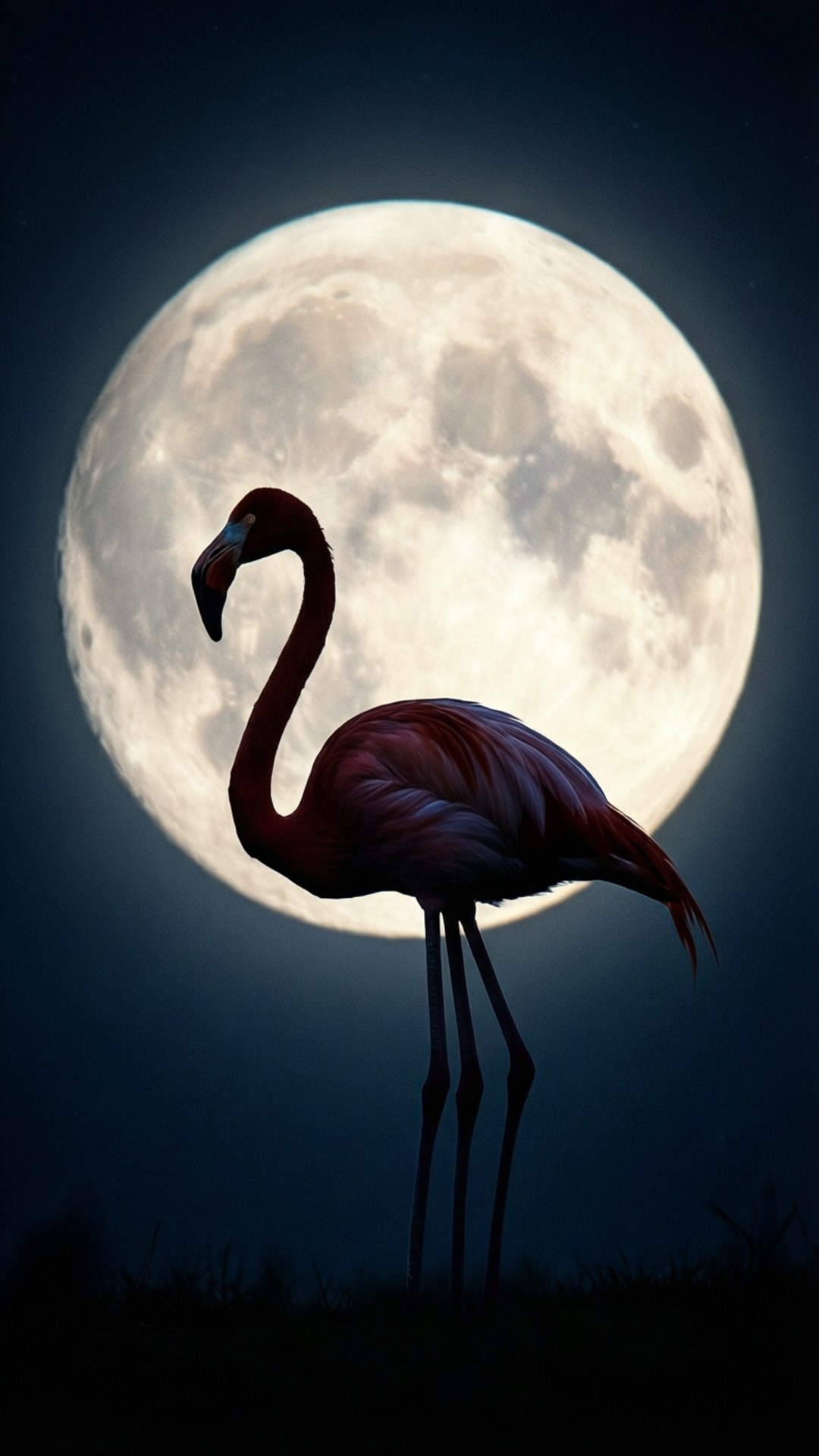 紅鶴滿月 壁紙 — 一隻紅鶴在黑暗的夜空中，以巨大的發光滿月為背景，呈現剪影。