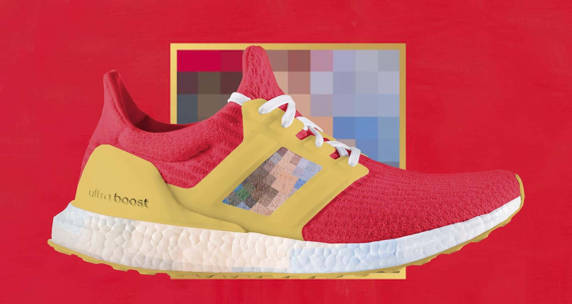 My Beautiful Dark Twisted Fantasy 桌布 壁紙 — 紅黃色 adidas ultraboost 運動鞋，白色鞋帶，紋理鞋底，大膽紅色背景，帶像素化嵌件。