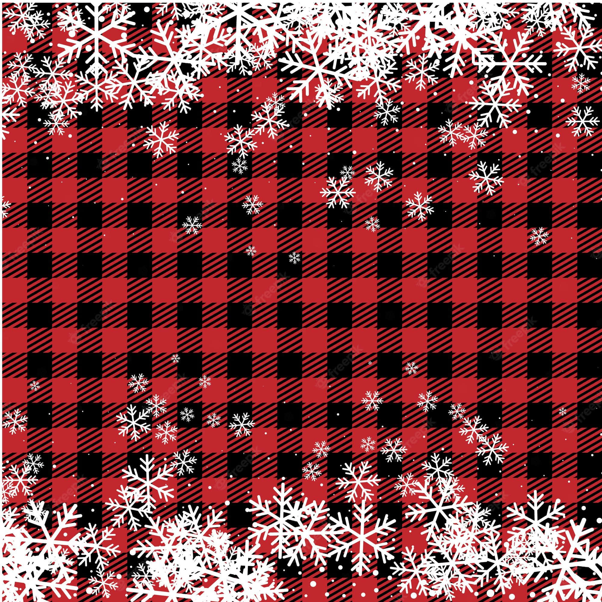 Buffalo Plaid 桌布 壁紙 — 紅黑 buffalo 格紋圖案，角落和設計中散落著白色雪花。