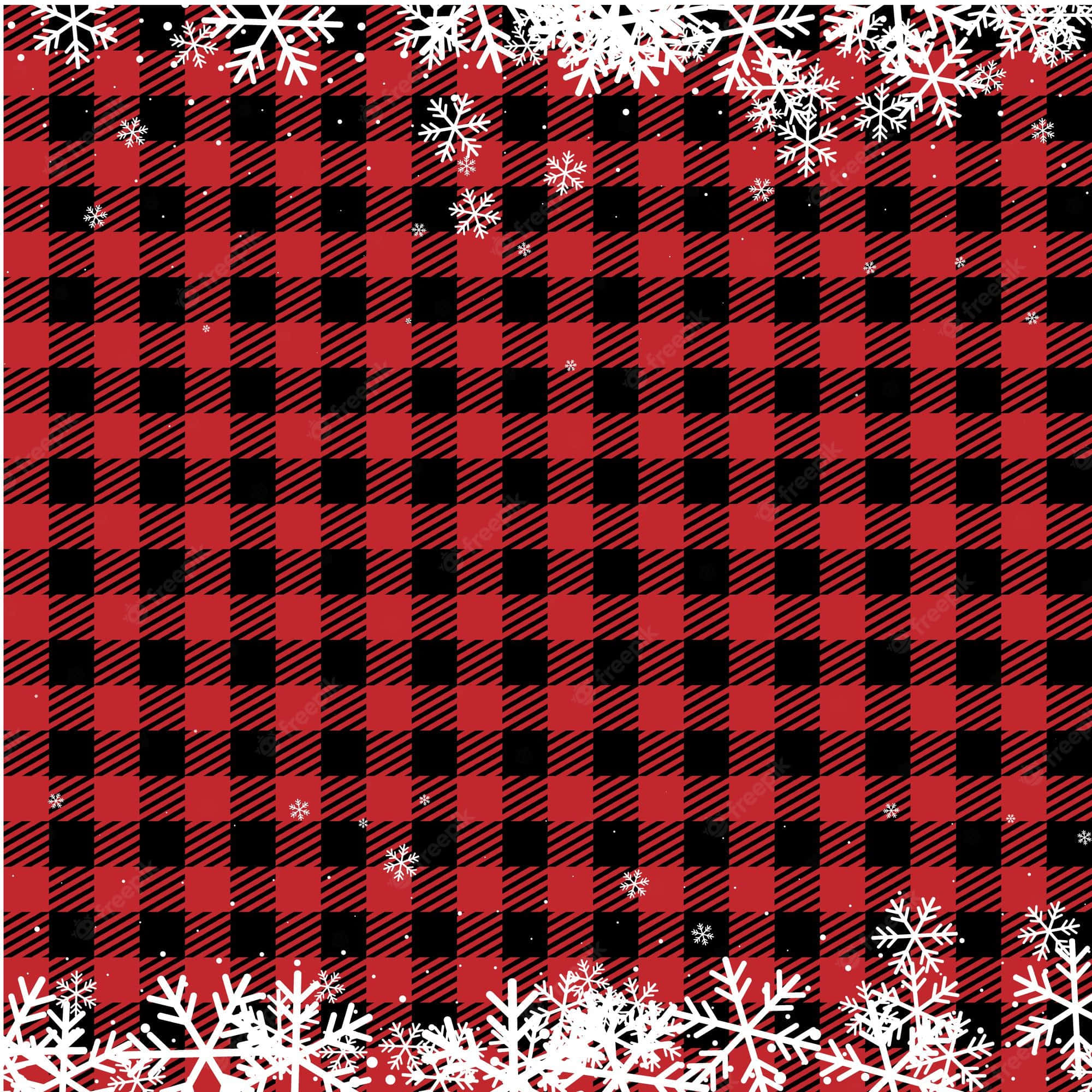 Buffalo Plaid 桌布 壁紙 — 紅黑 buffalo 格紋圖案，白色雪花框住頂部和底部邊緣。