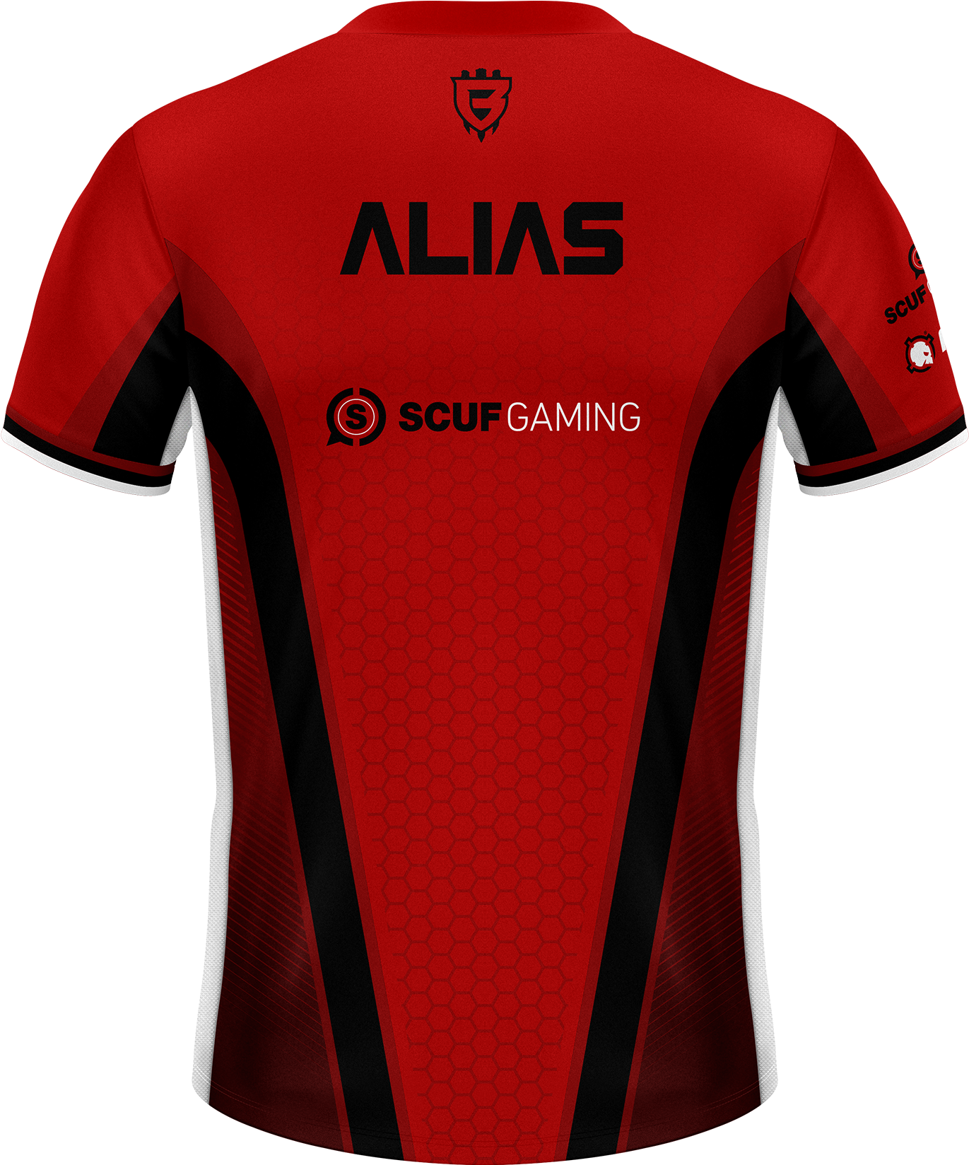 比利時 桌布 壁紙 — 紅黑電競球衣，在深色背景上印有 'ALIAS' 和 'SCUF GAMING' 標誌。