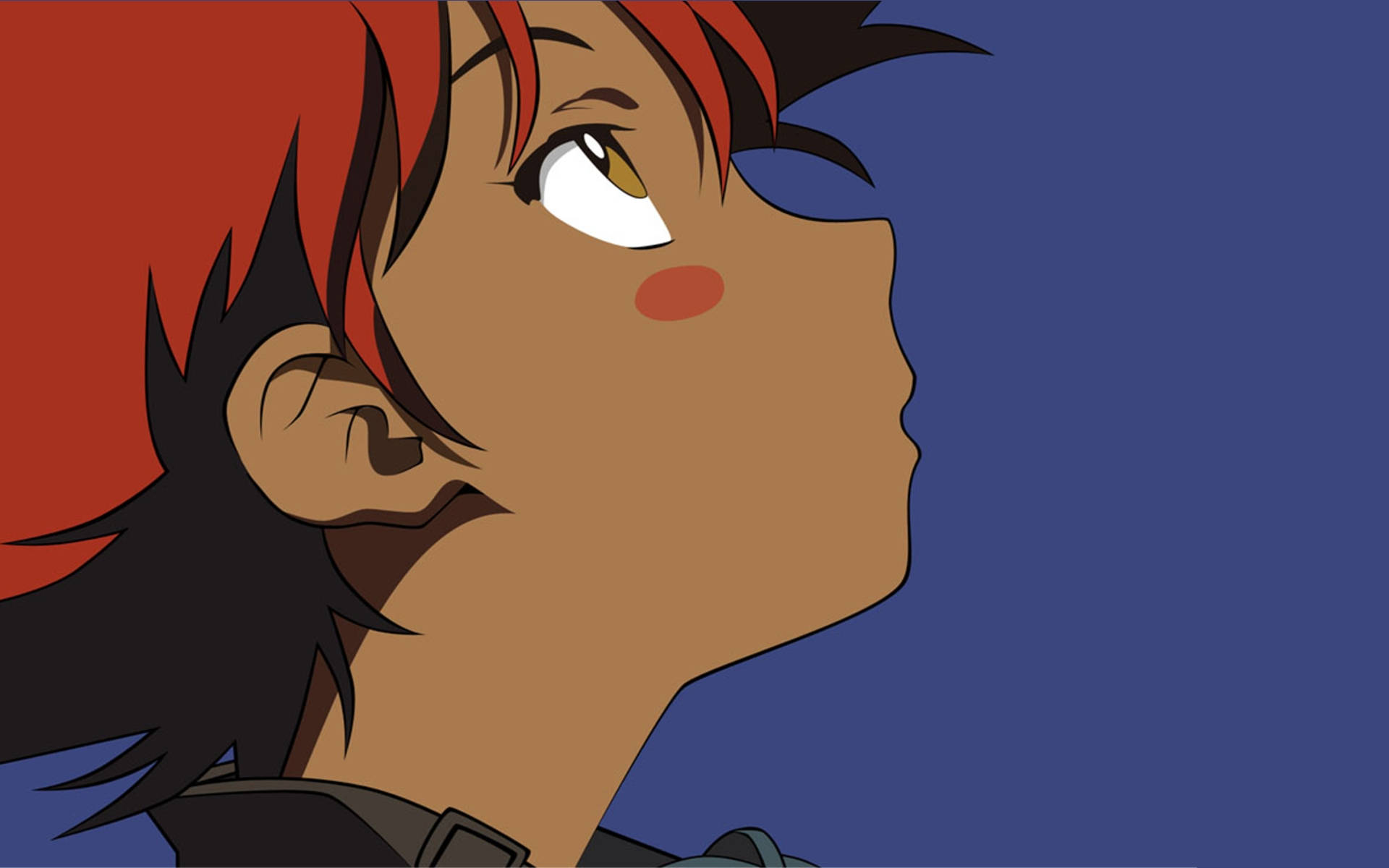 Cowboy Bebop Desktop 桌布 壁紙 — 紅黑髮色的動漫角色在純藍色背景上向上凝視。