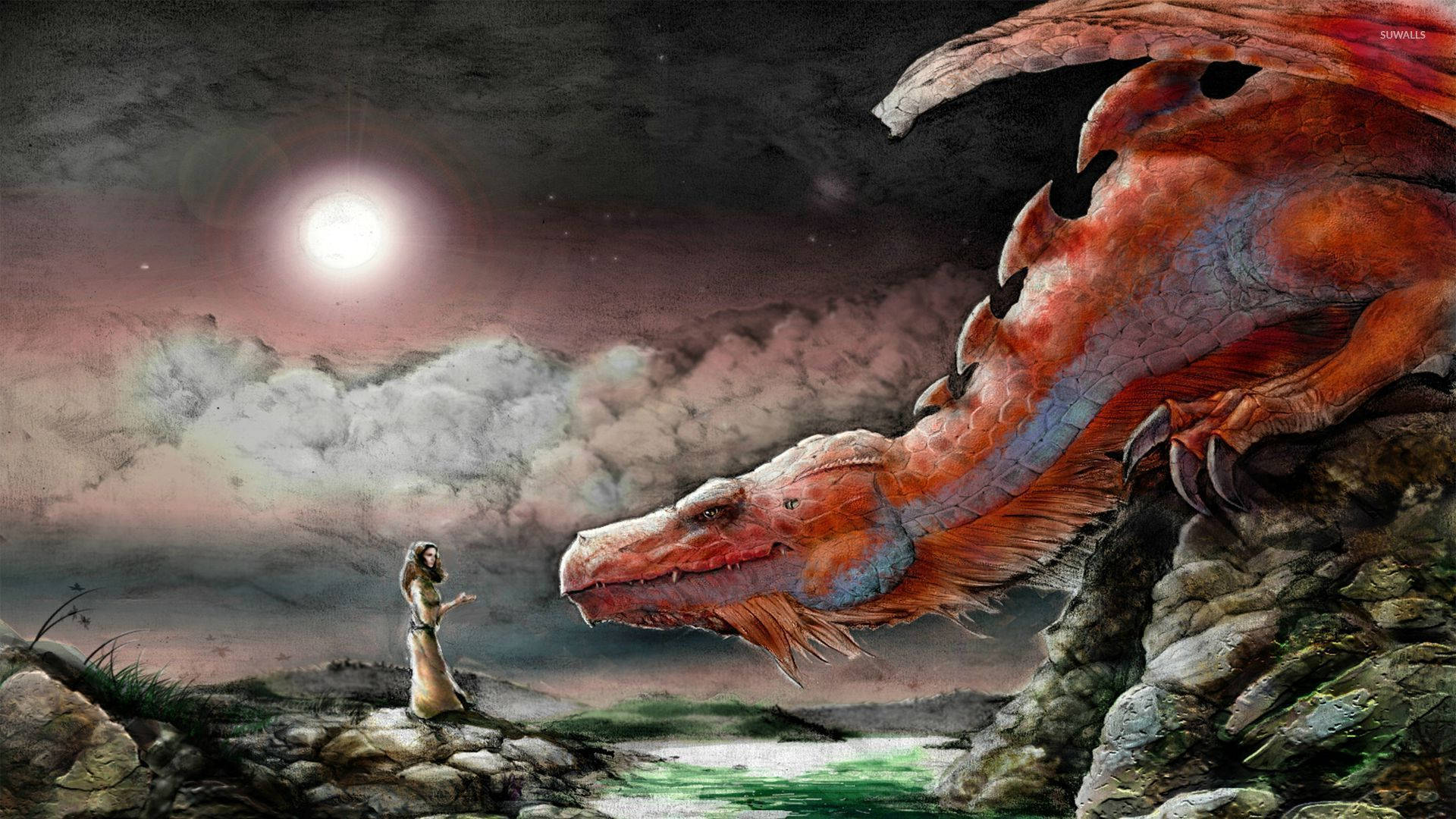 紅龍與少女 — 龍 壁紙