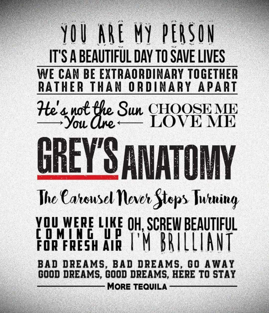 Grey's Anatomy 桌布 壁紙 — 紋理灰色背景上以粗體黑色字體展示《實習醫生》的經典語錄，字型和間距各異。