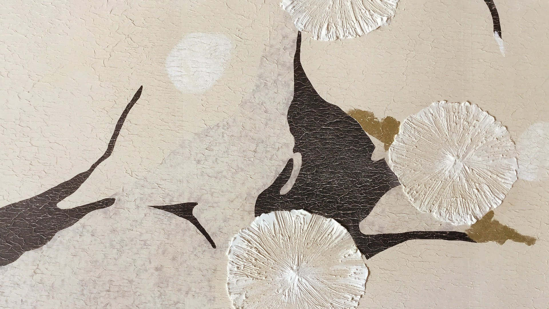 藝術 桌布 壁紙 — 紋理米色牆藝術，帶有凸起的白色蘑菇狀形態和深色抽象樹枝。