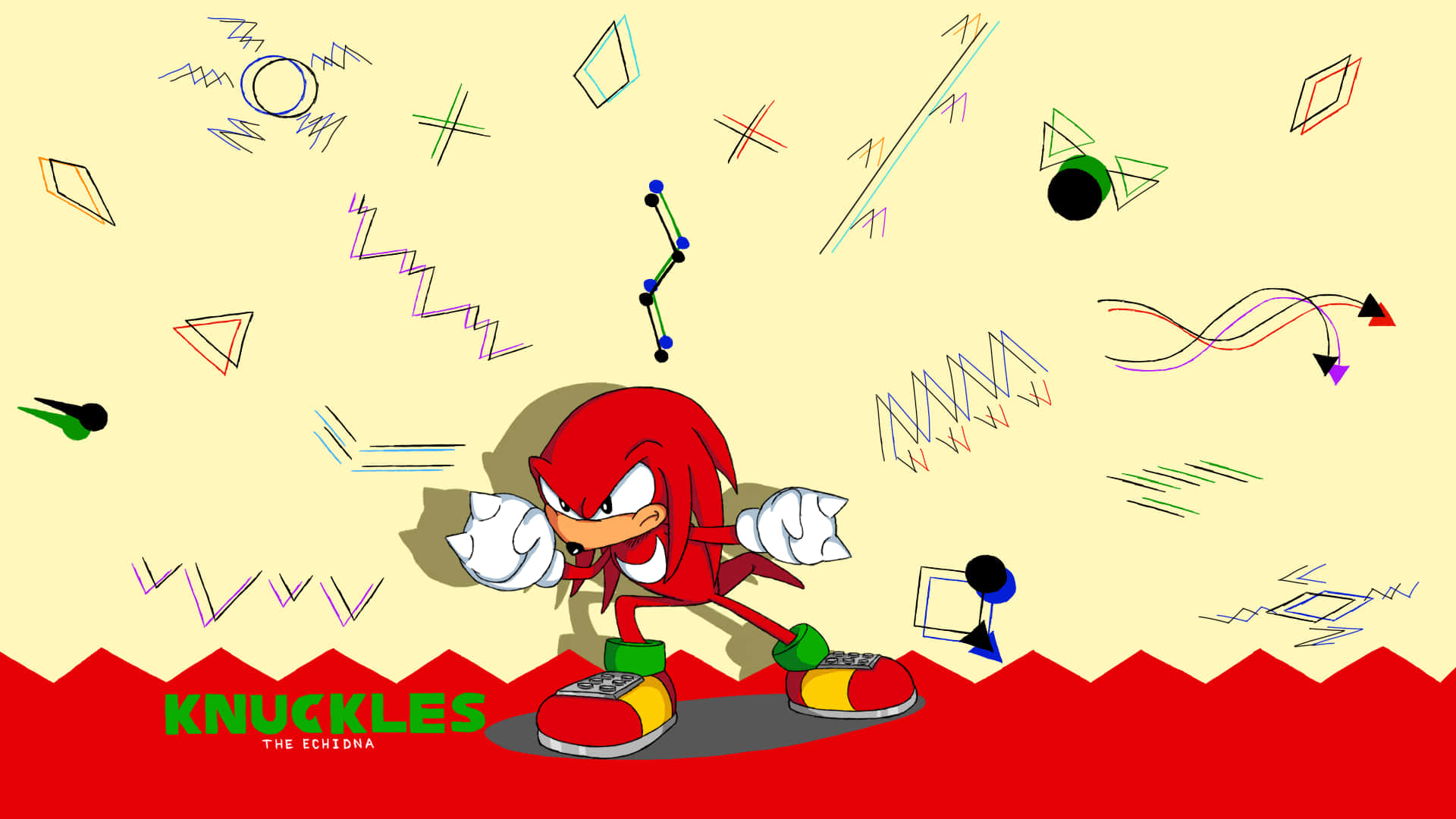 Knuckles 桌布 壁紙 — 納克魯斯（Knuckles the Echidna）動態地站在一個紅色鋸齒狀平台上，背景是米色，充滿了色彩繽紛的抽象幾何形狀和運動線條。