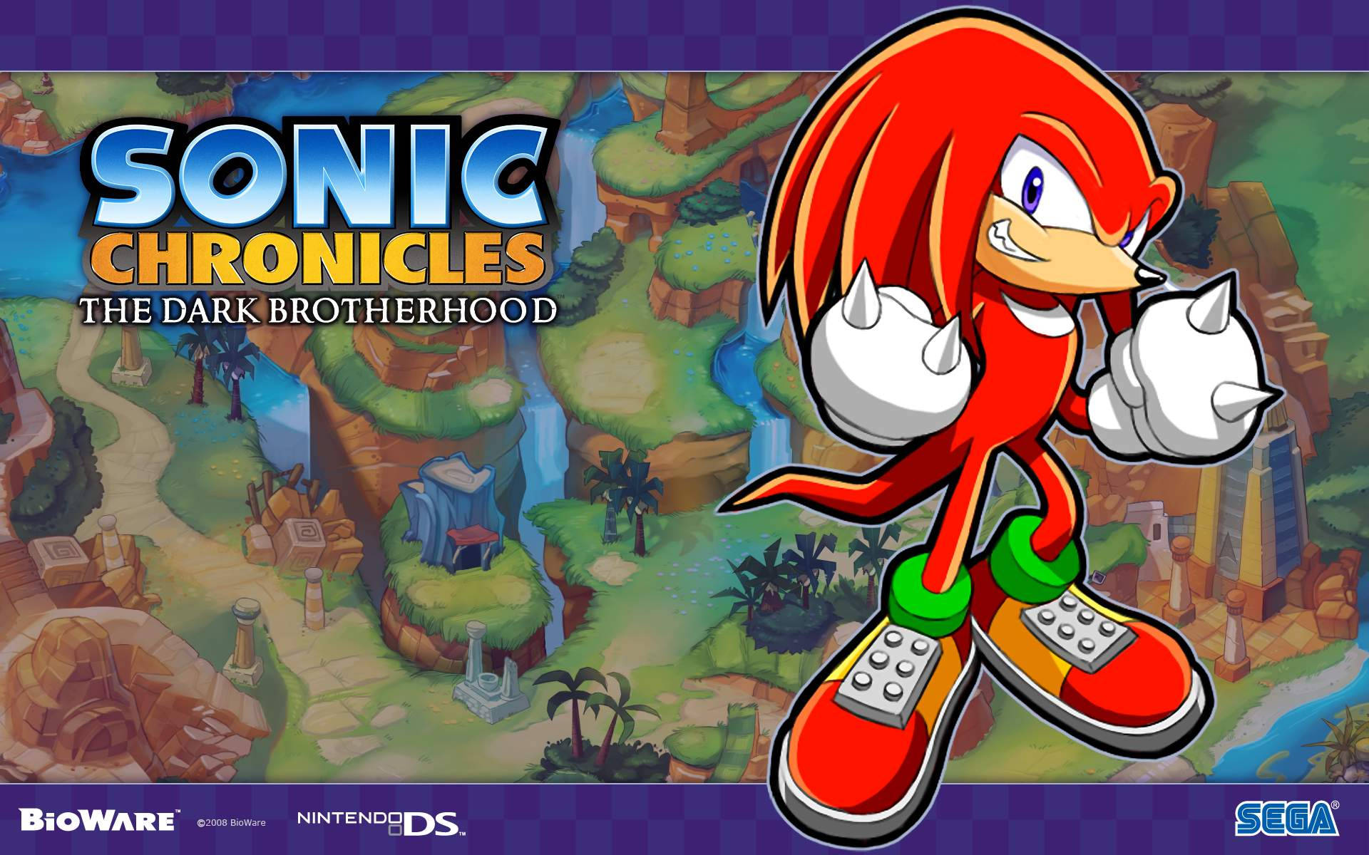 Knuckles 桌布 壁紙 — 納克魯斯在《Sonic Chronicles》的遊戲藝術中，充滿動感地站在充滿活力的叢林景觀中。