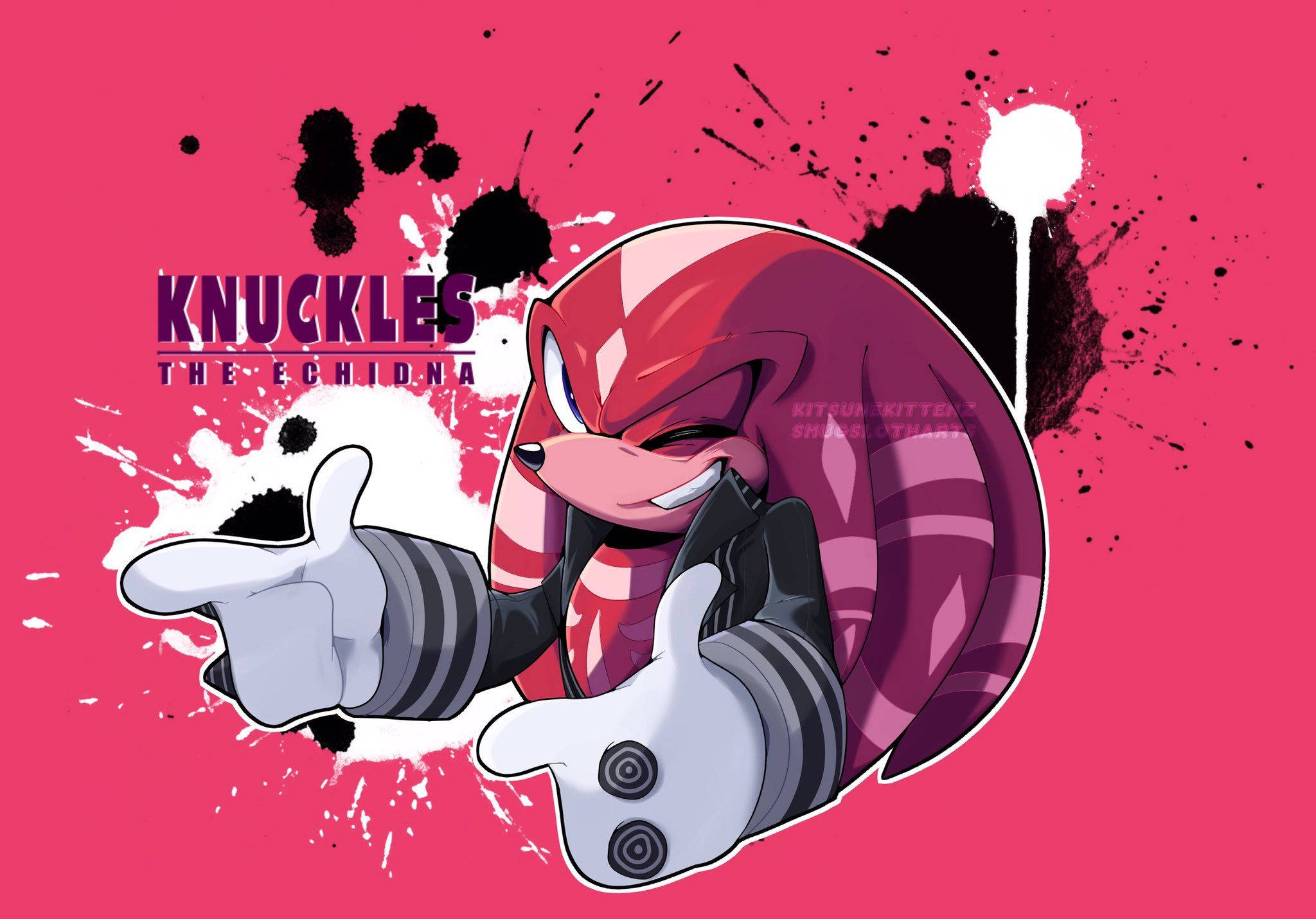 Knuckles 桌布 壁紙 — 納克魯斯在充滿活力的粉紅色背景上自信地指向，背景上有黑色和白色的油漆飛濺。