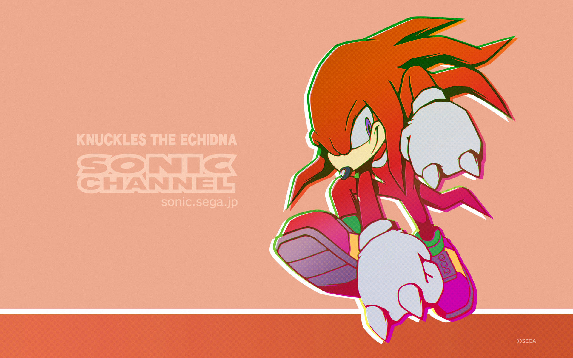 Knuckles 桌布 壁紙 — 納克魯斯在動態姿勢中，帶有粗線條和鮮紅色，背景為桃色。