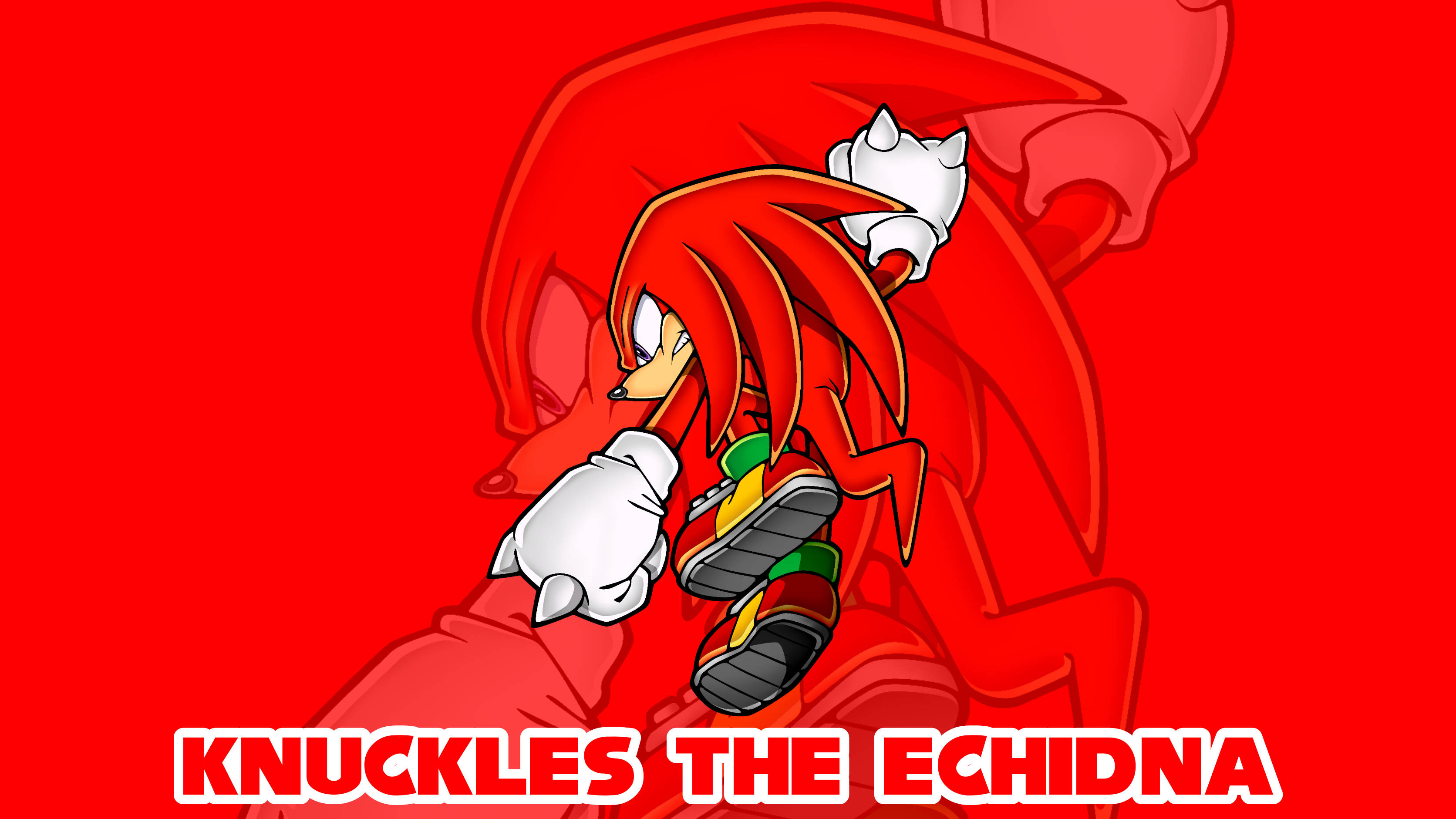 Knuckles 桌布 壁紙 — 納克魯斯在動態姿勢中，背景為鮮豔的紅色，下方有粗體文字。
