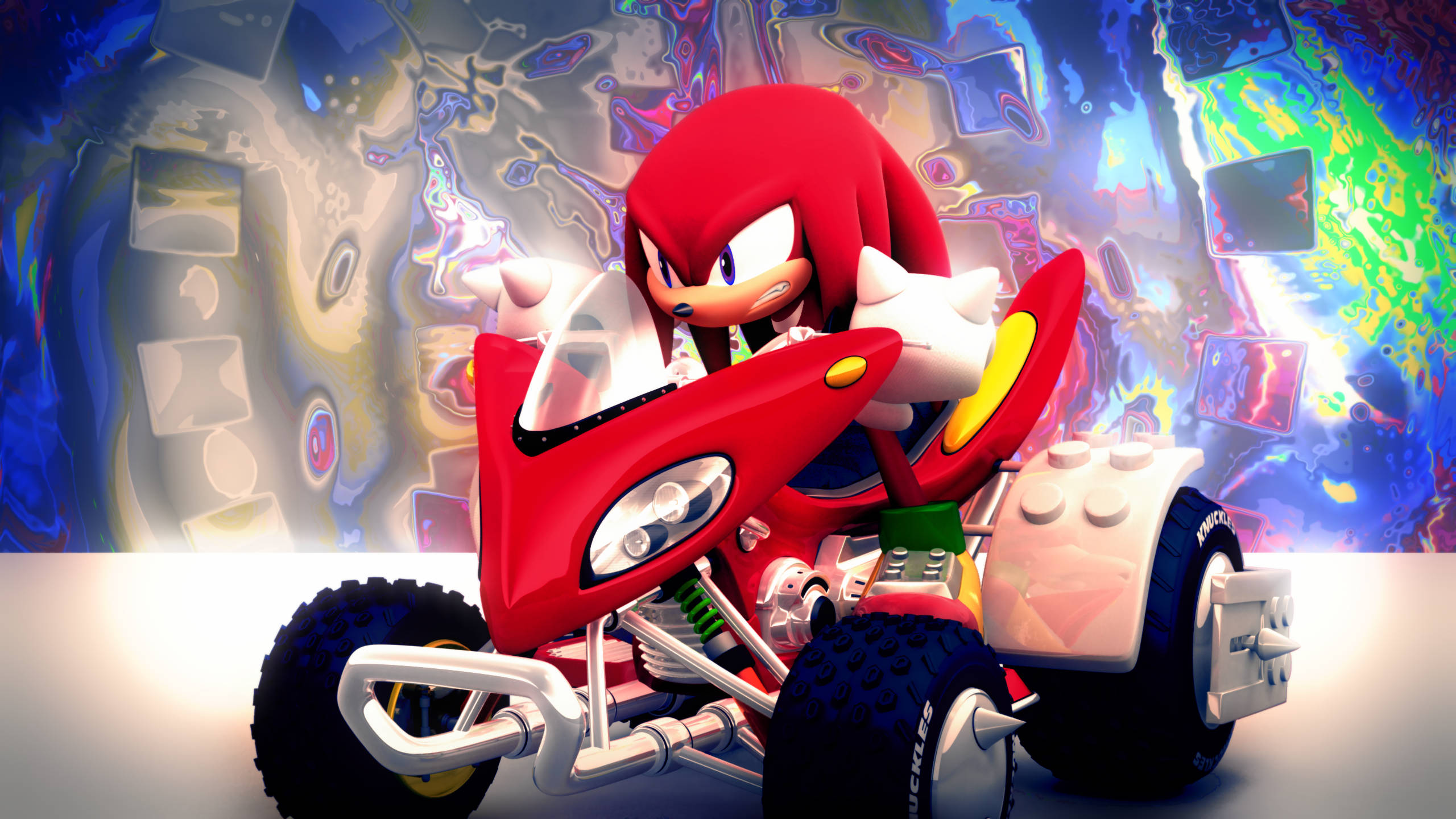 Knuckles 桌布 壁紙 — 納克魯斯在紅色卡丁車中奔馳，背景是迷幻、故障風格的鮮豔霓虹色彩。
