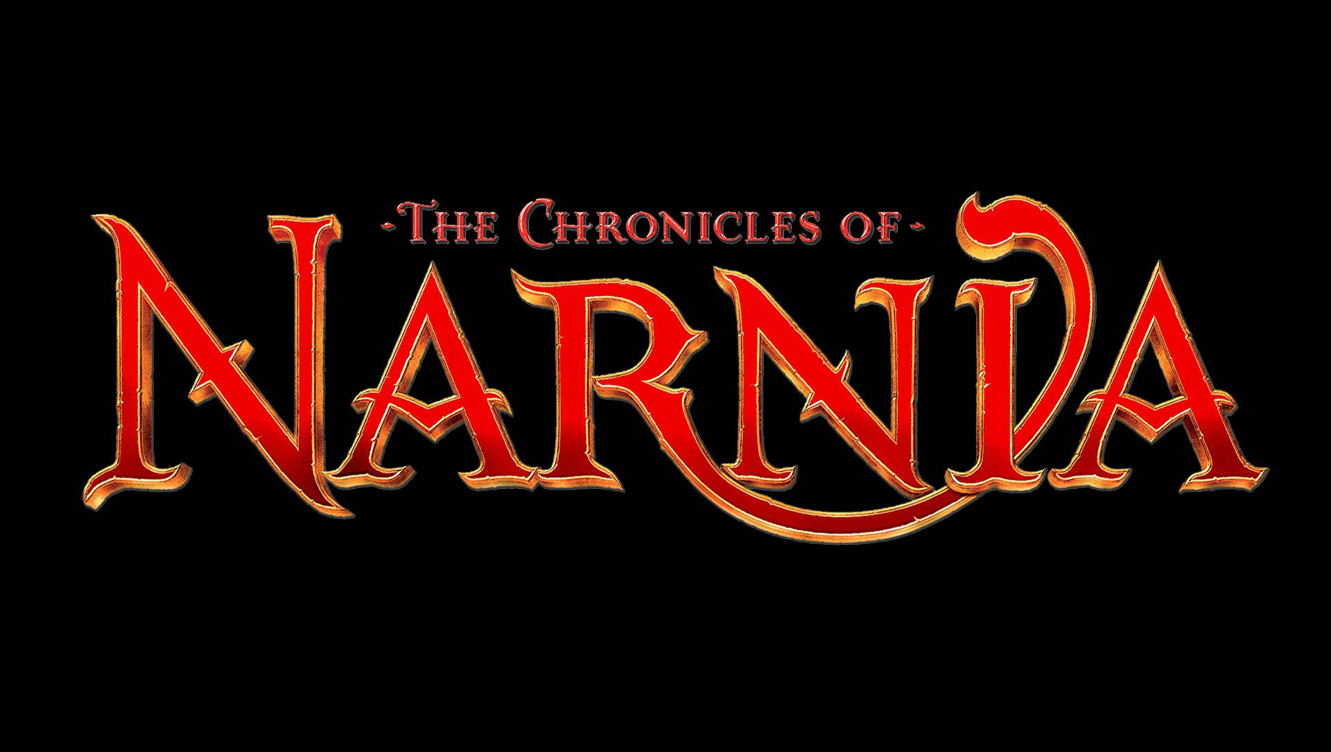 Narnia 桌布 壁紙 — 《納尼亞傳奇》華麗的紅色和金色奇幻標題文字在純黑色背景上脫穎而出。
