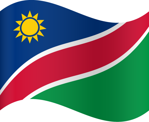 Namibia 桌布 壁紙 — 納米比亞國旗動態飄揚，帶有藍色、紅色和綠色條紋以及金色太陽標誌。